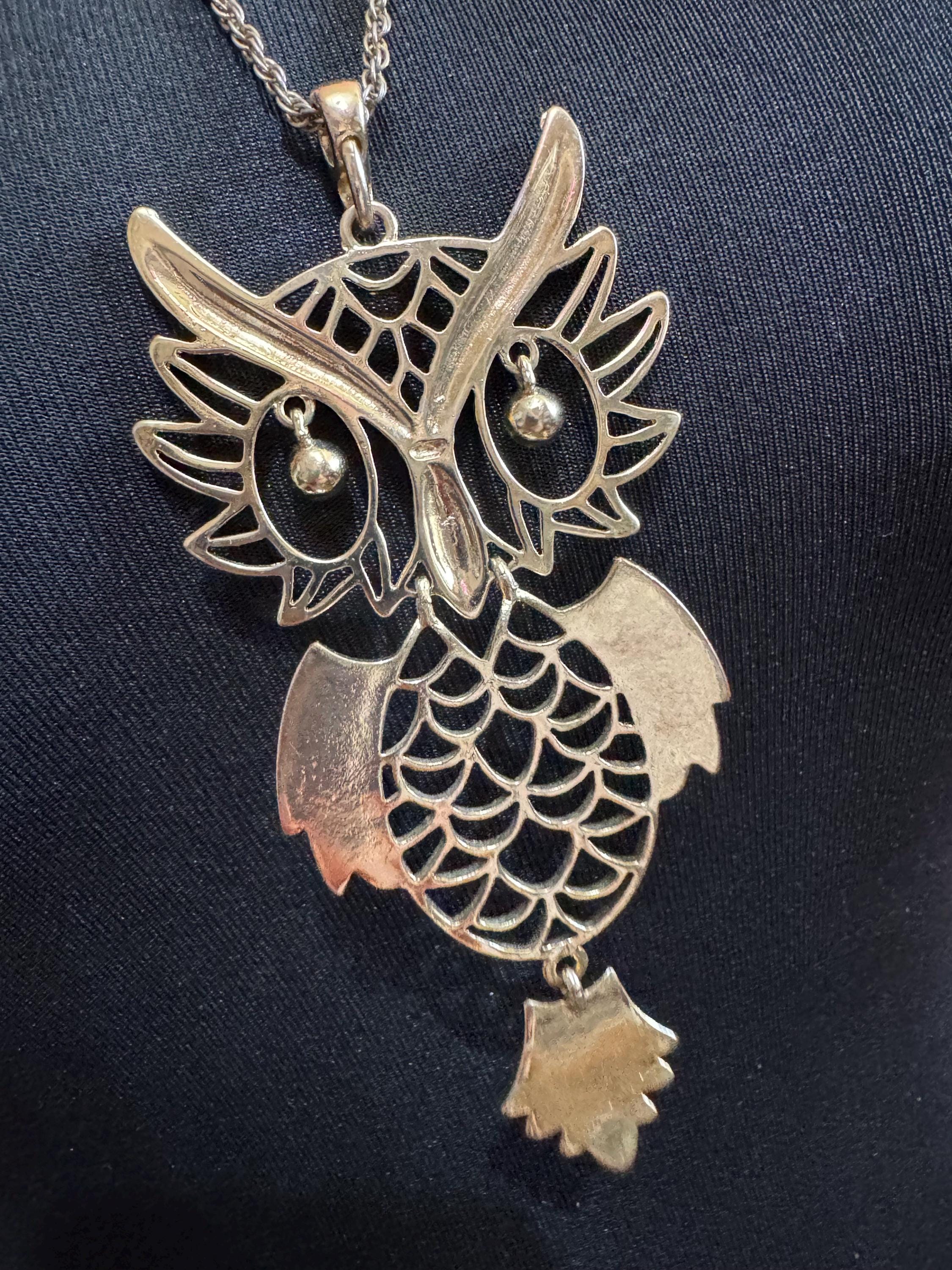 Miss Madam Enamel Owl Pendant Necklace: 80s Gold Plated signed