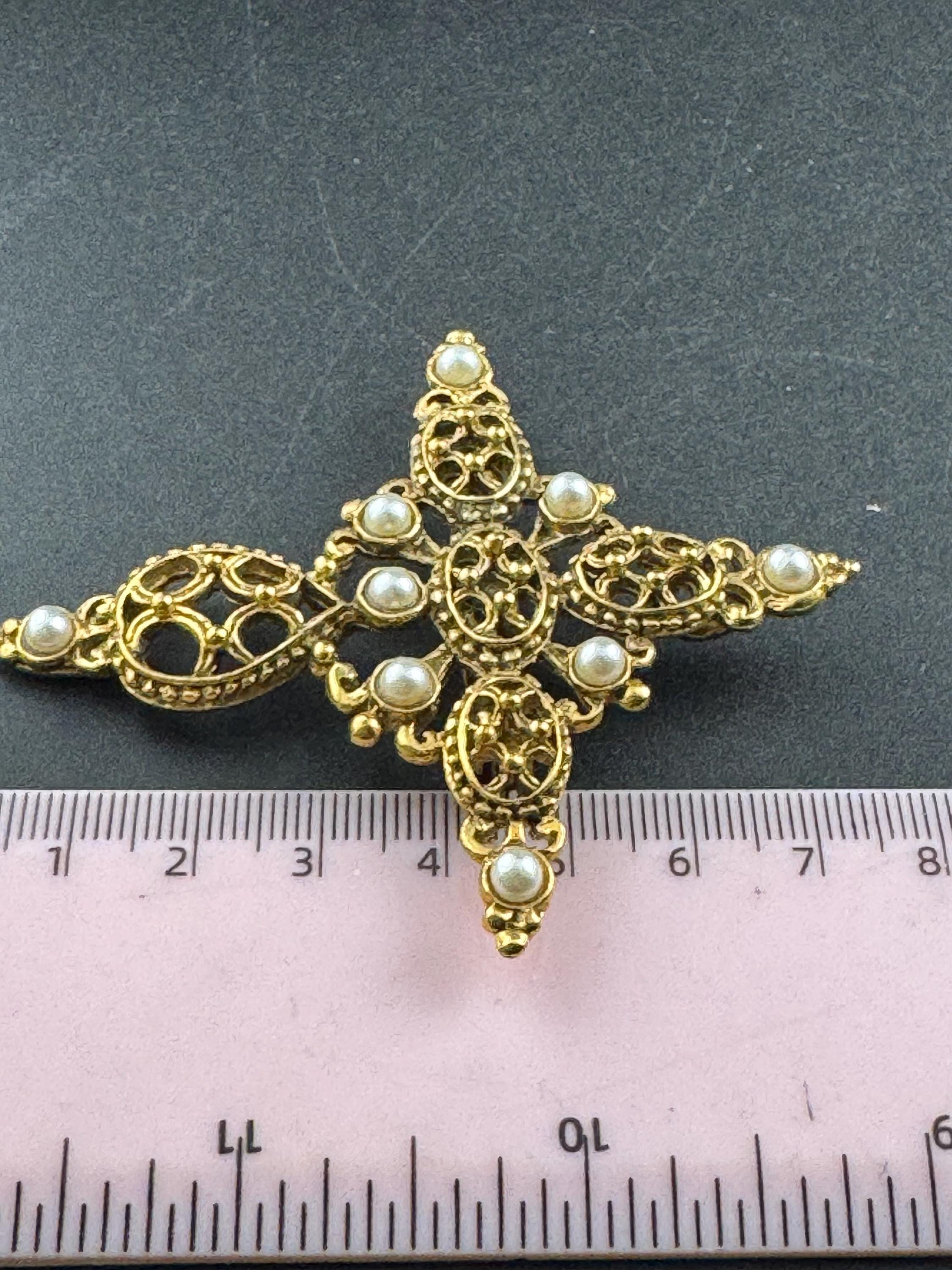 Rene Gouin French cross pendant and brooch, signed and set with faux pearls