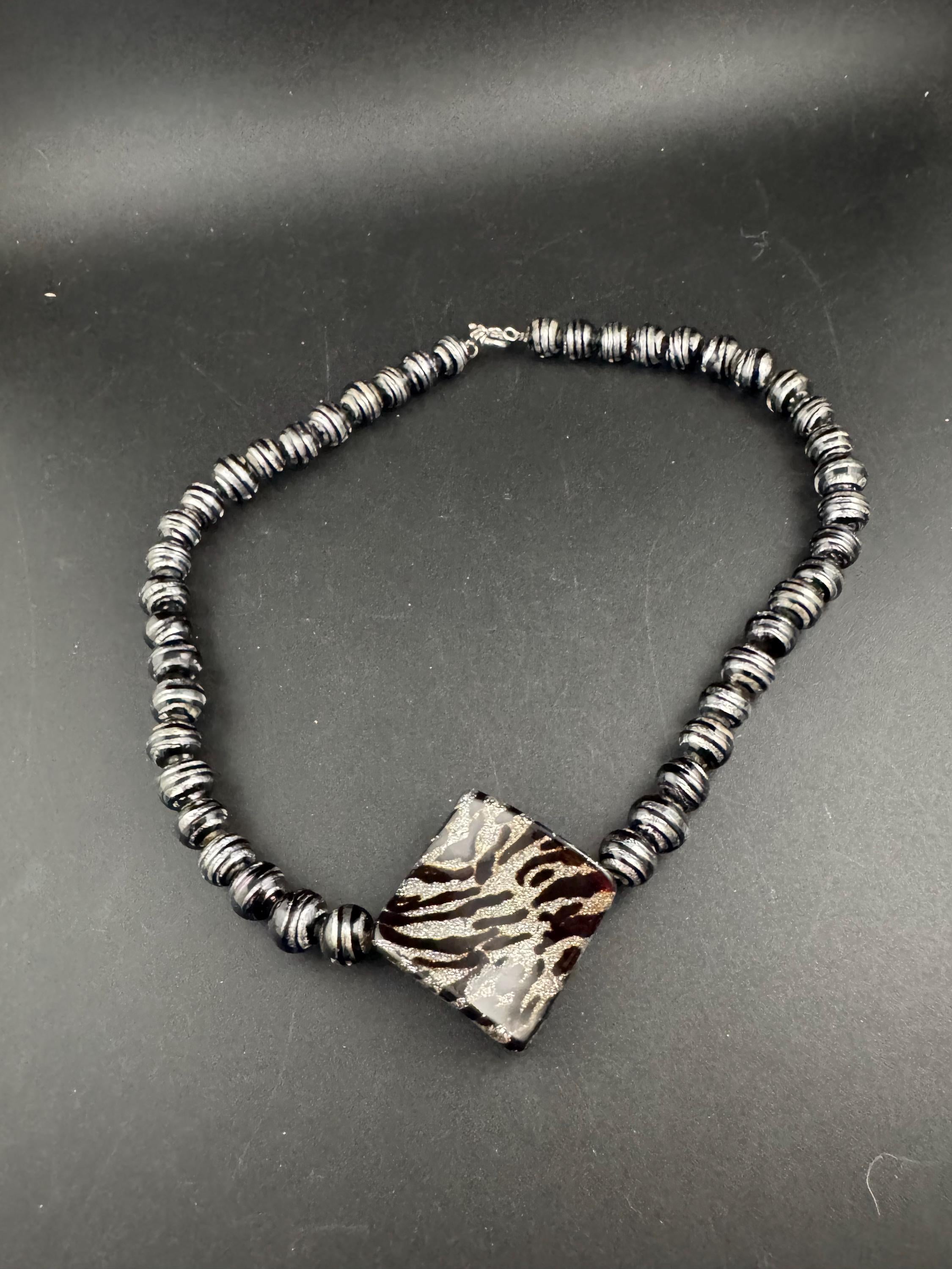 Zebra Print Art Glass Pendant Necklace, 9ct White Gold Clasp