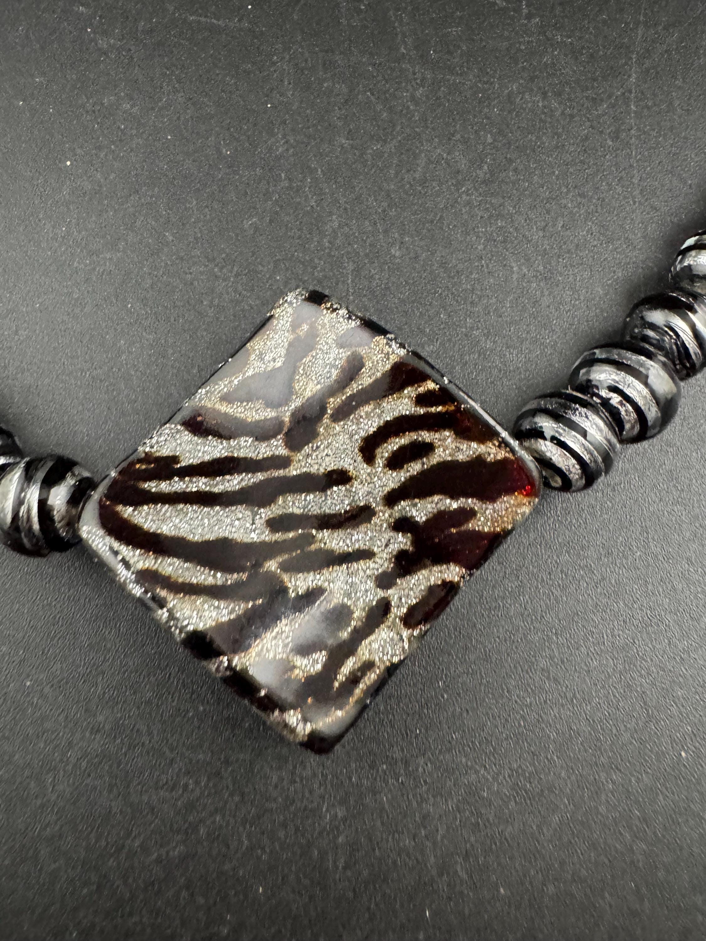 Zebra Print Art Glass Pendant Necklace, 9ct White Gold Clasp