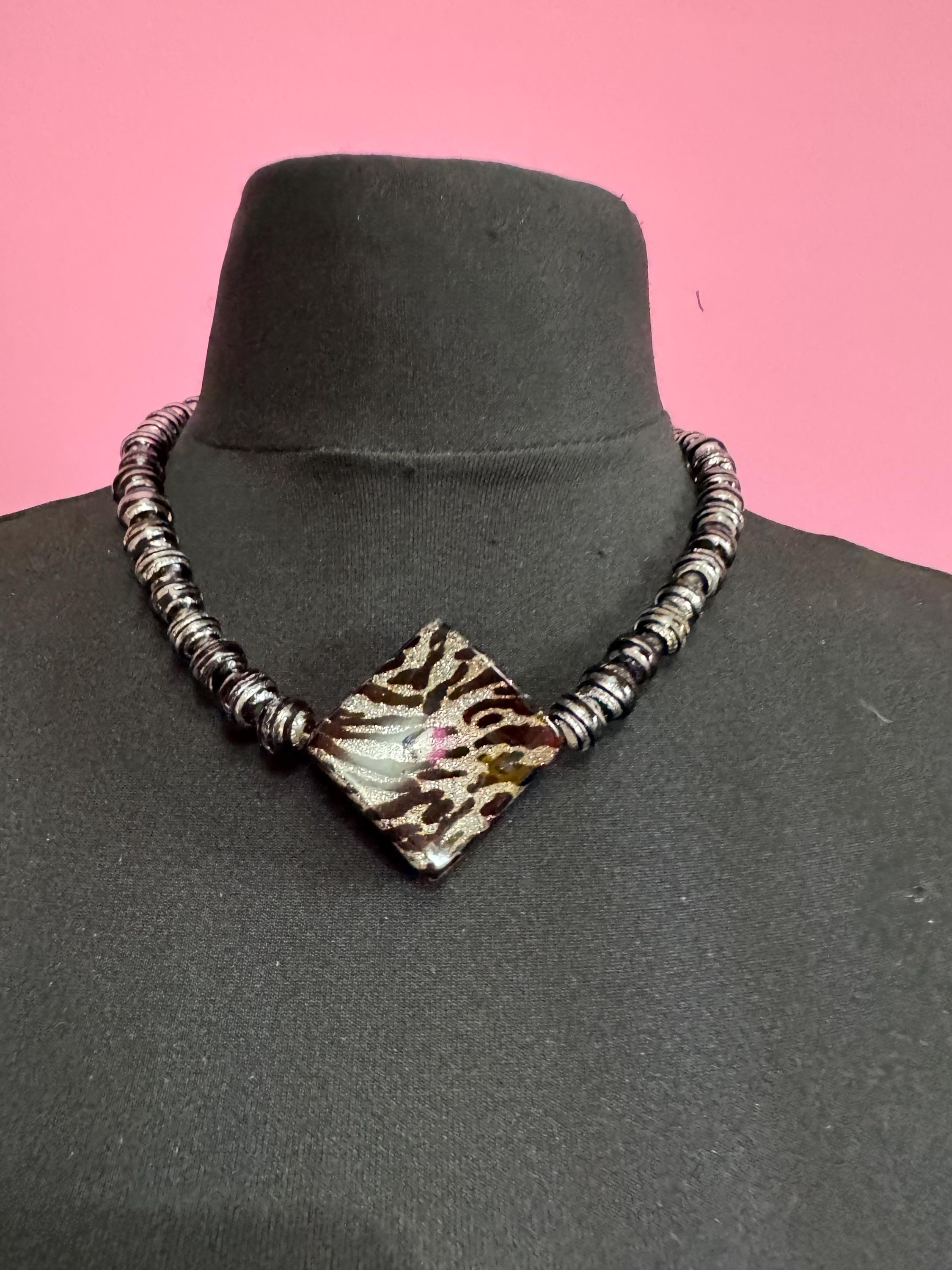 Zebra Print Art Glass Pendant Necklace, 9ct White Gold Clasp