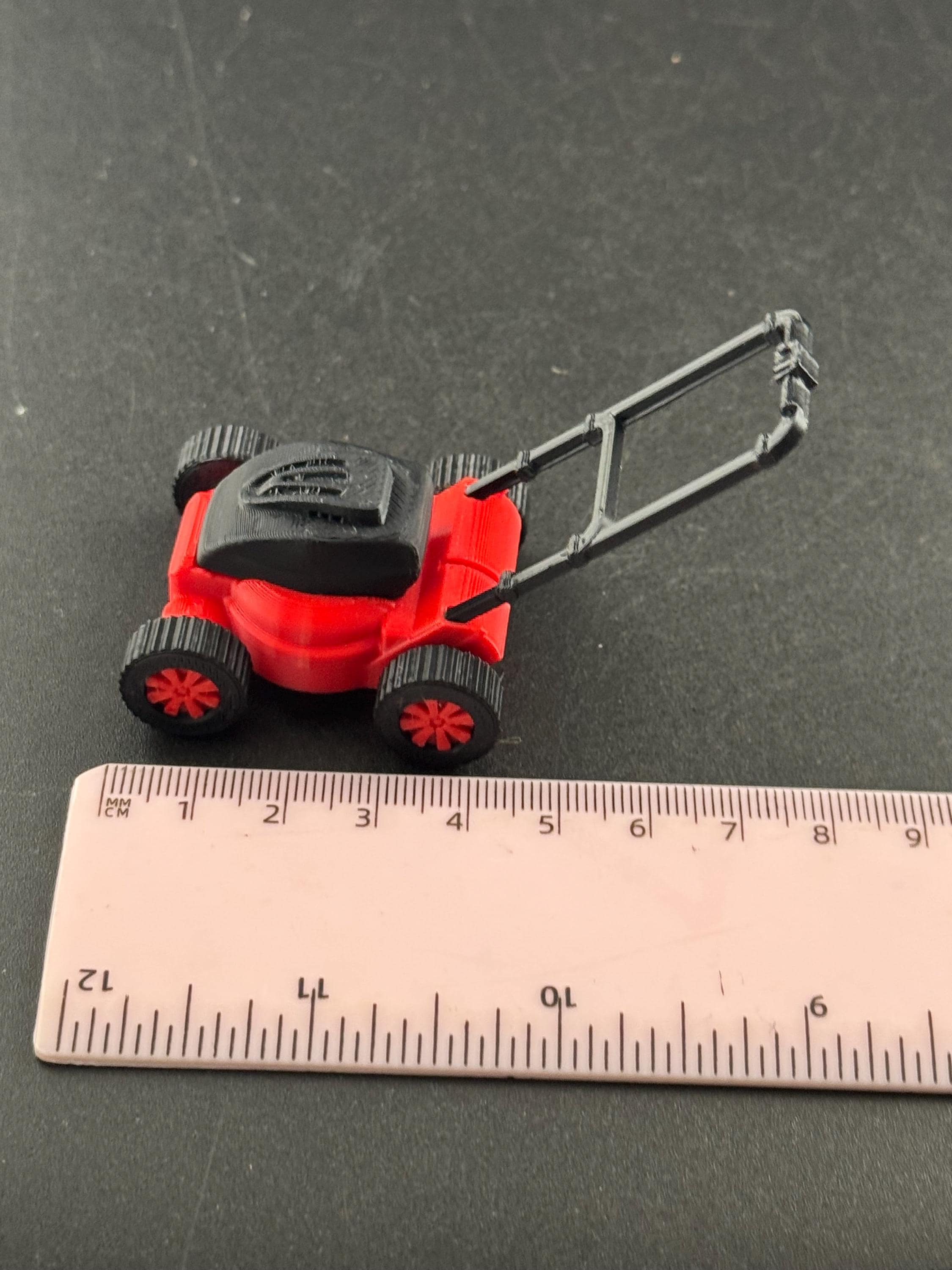 Miniature lawn mower cake topper, gardener, dollhouse scenery