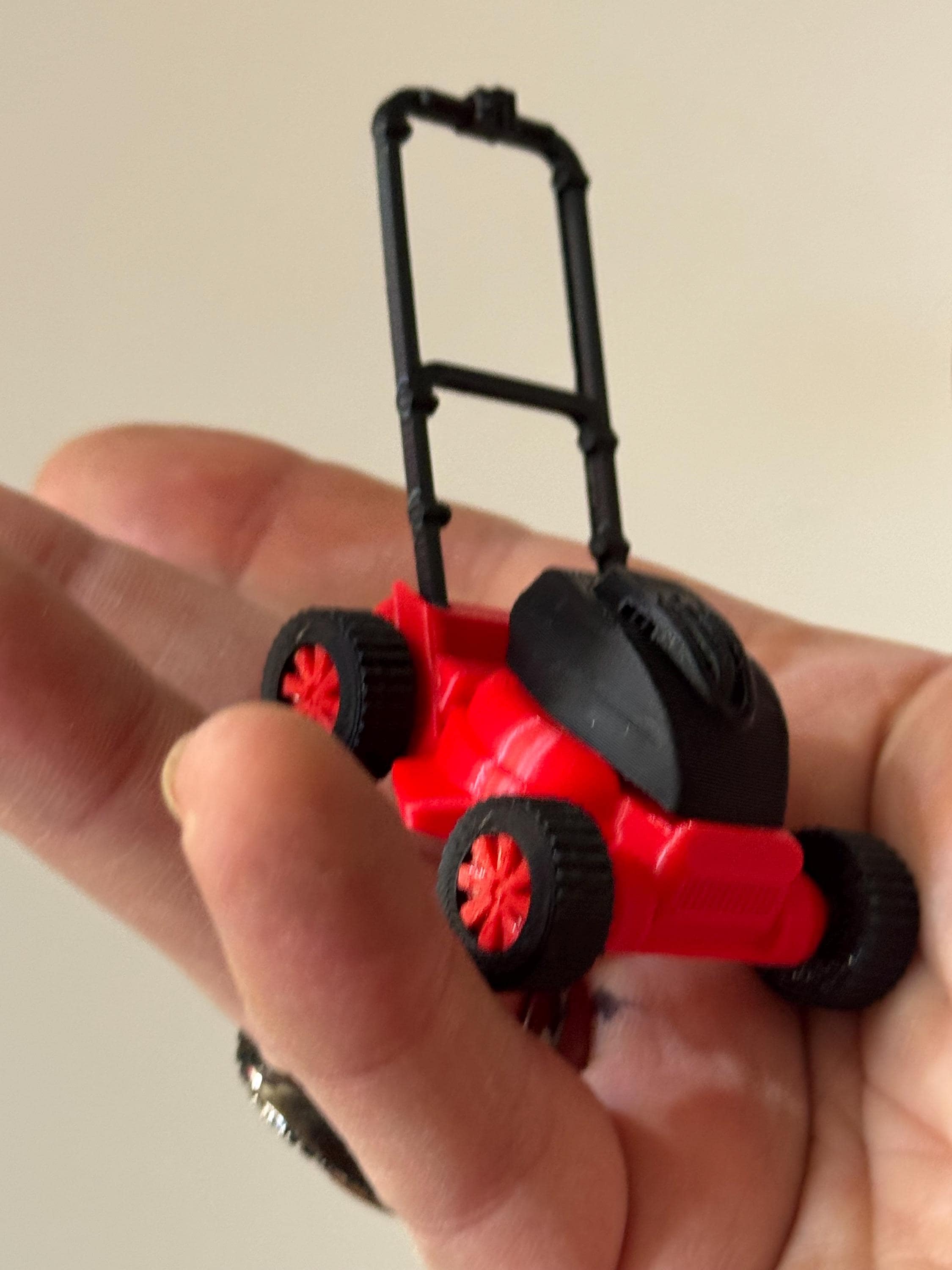 Miniature lawn mower cake topper, gardener, dollhouse scenery