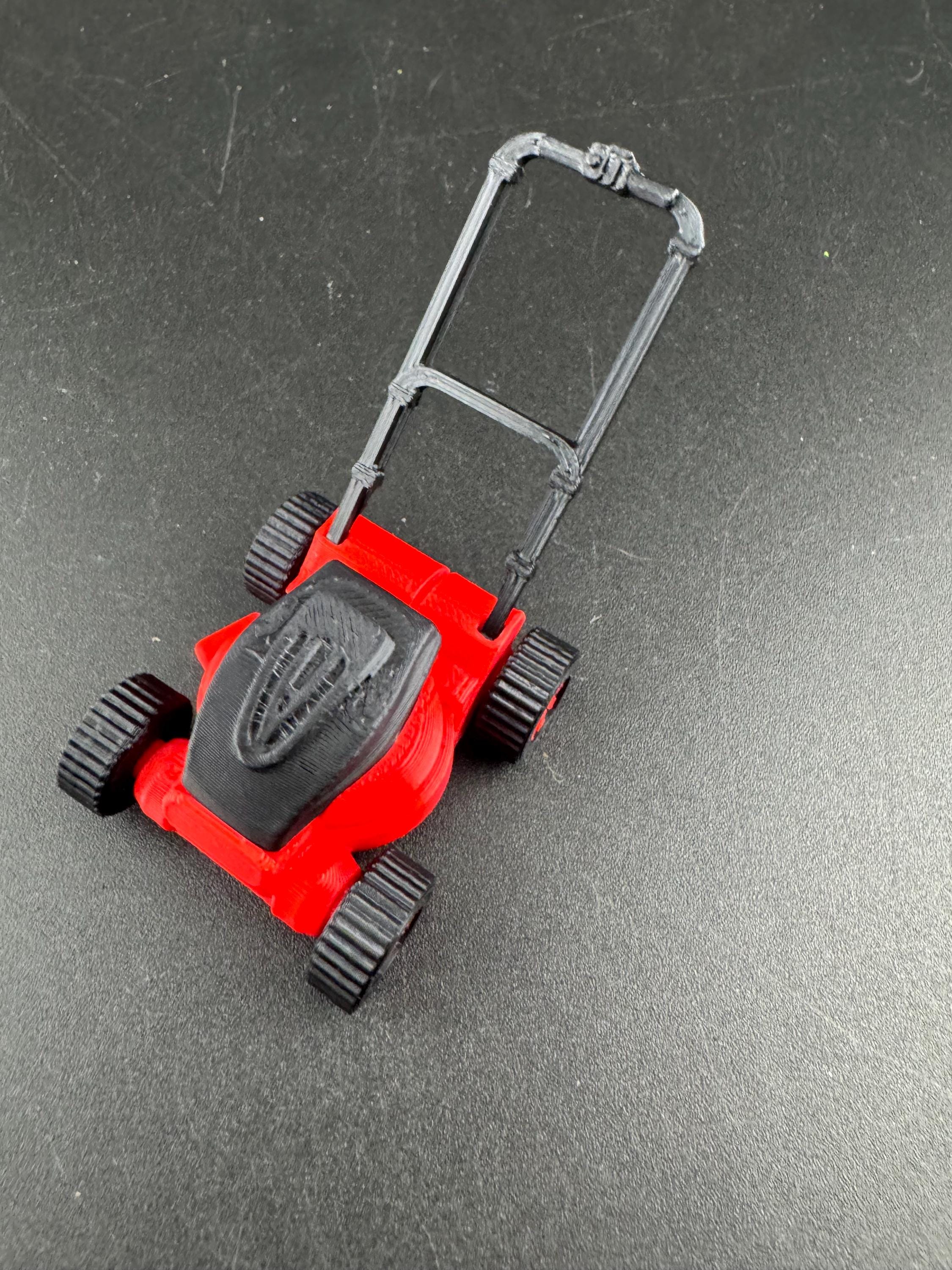 Miniature lawn mower cake topper, gardener, dollhouse scenery