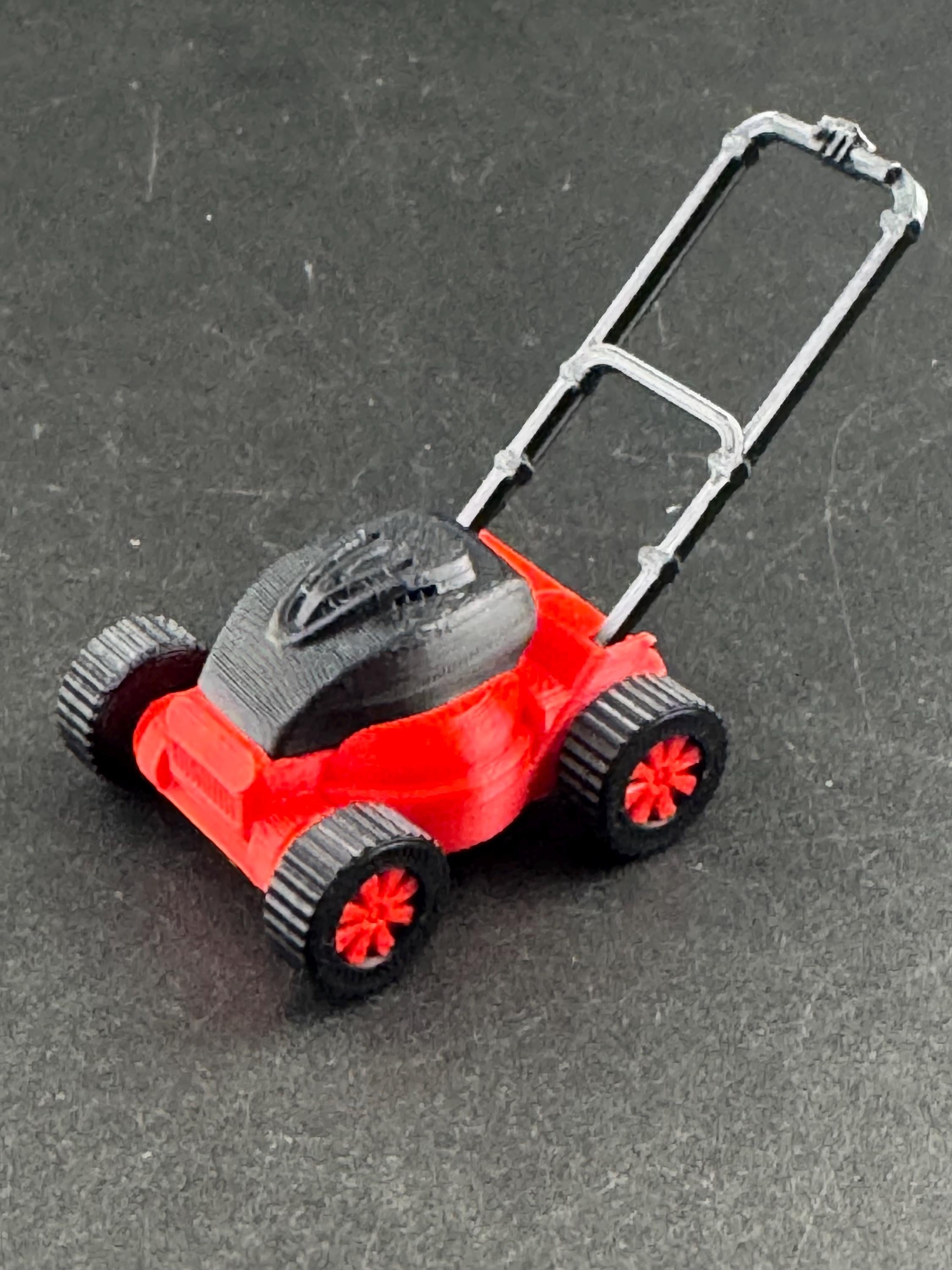 Miniature lawn mower cake topper, gardener, dollhouse scenery