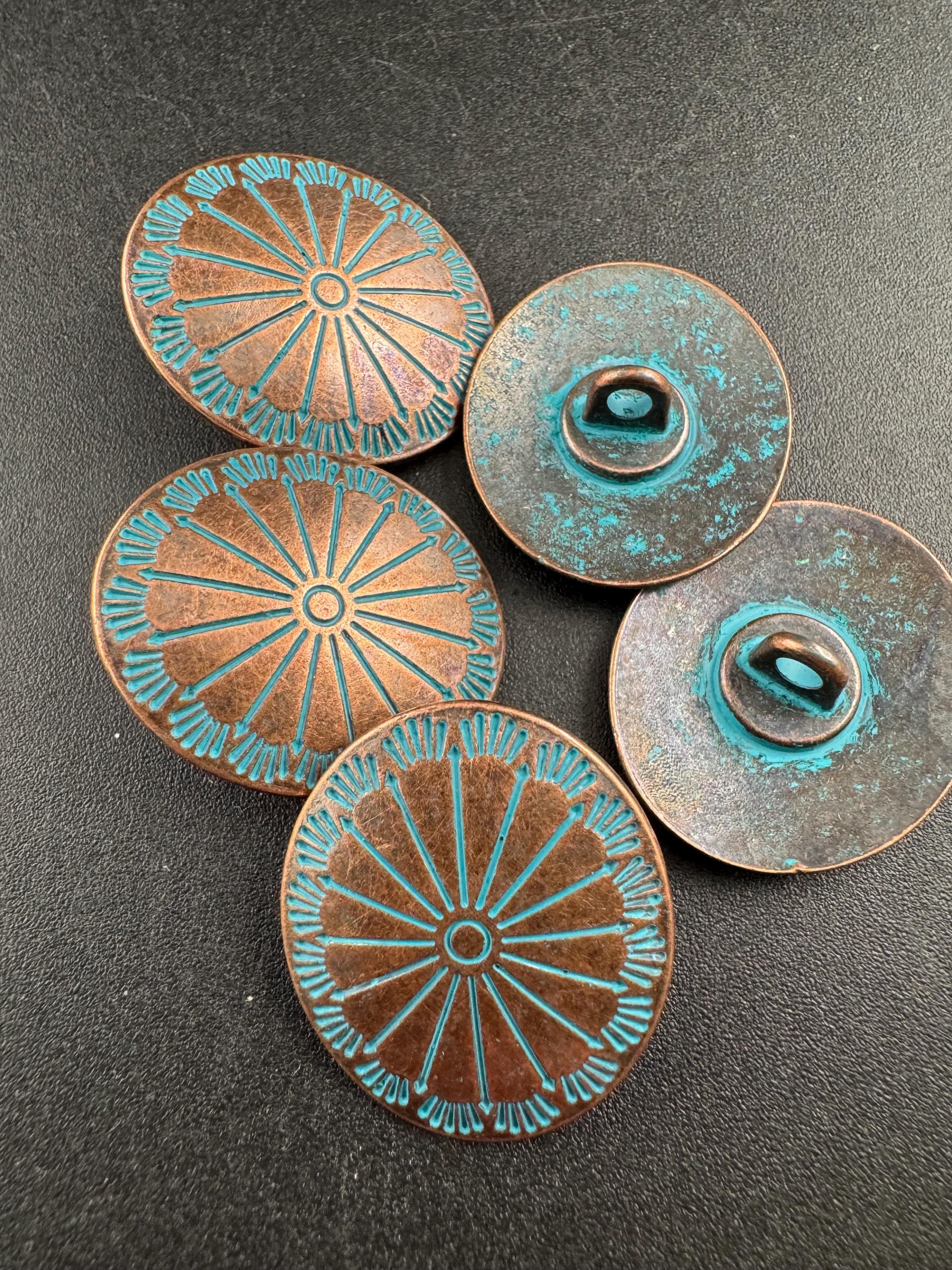 25mm Copper oval metal buttons, pack of 5 ,boho green verdigris design
