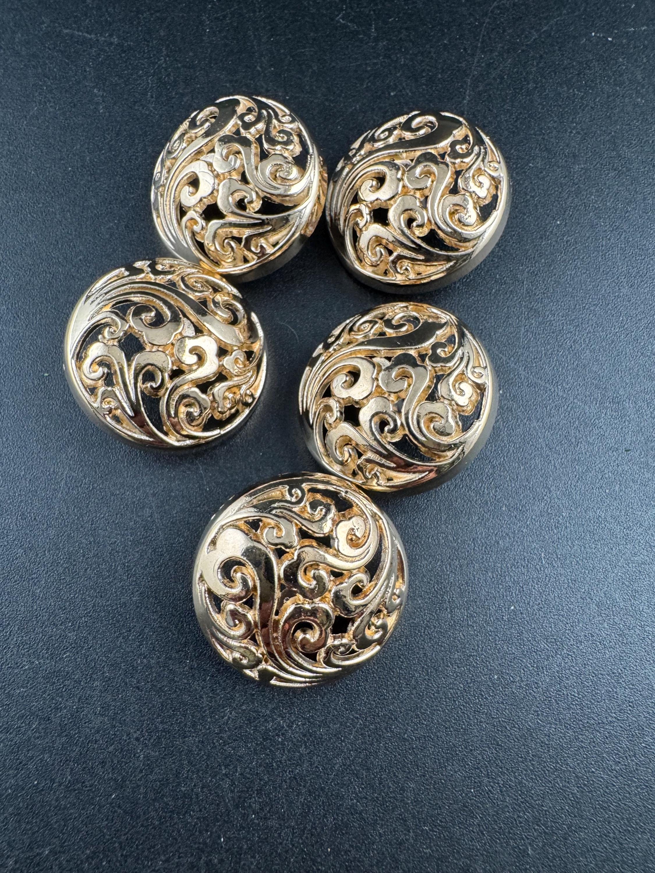 25mm openwork domed buttons, pack of 5 in gold or steel grey metal
