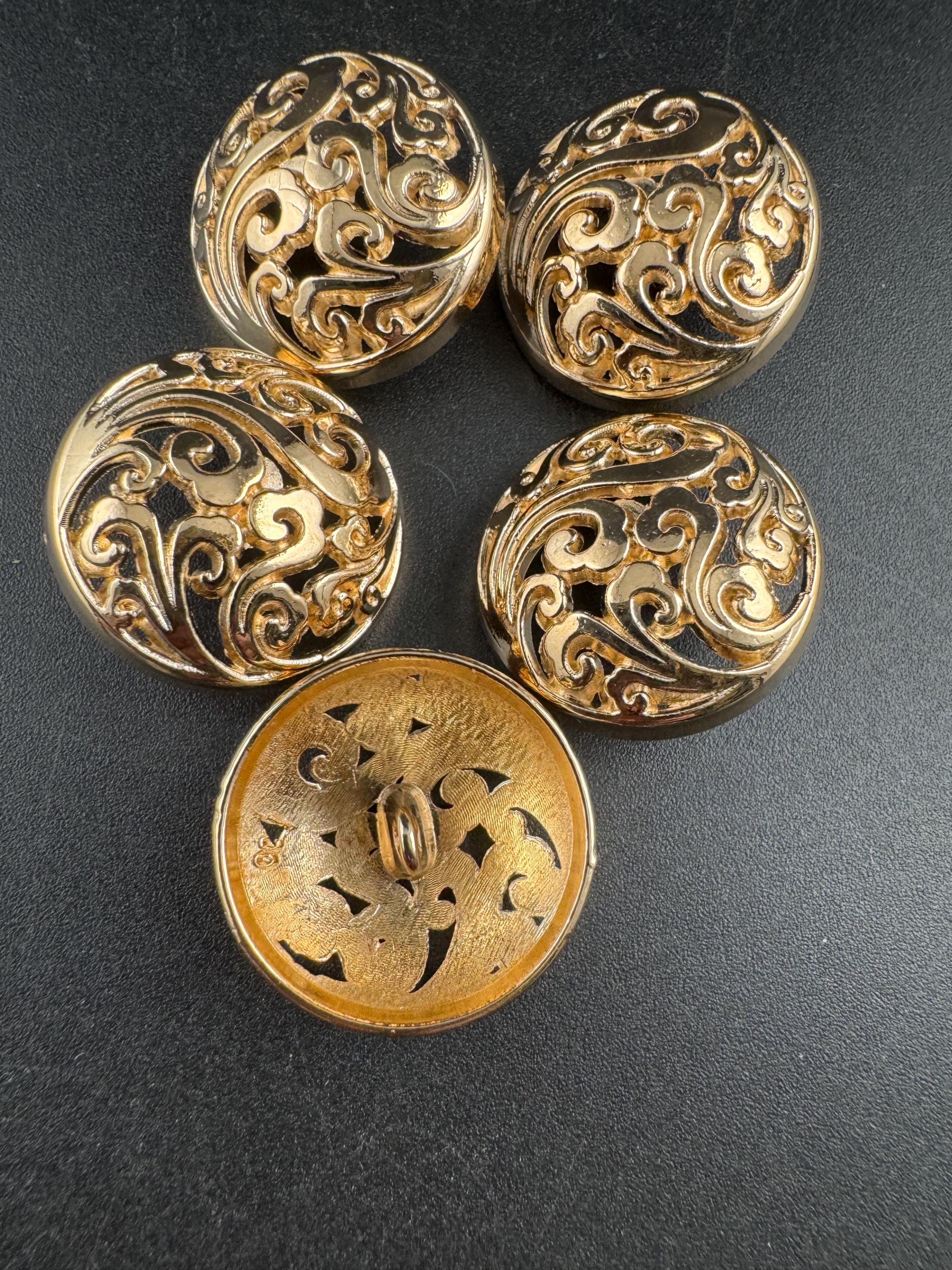 25mm openwork domed buttons, pack of 5 in gold or steel grey metal