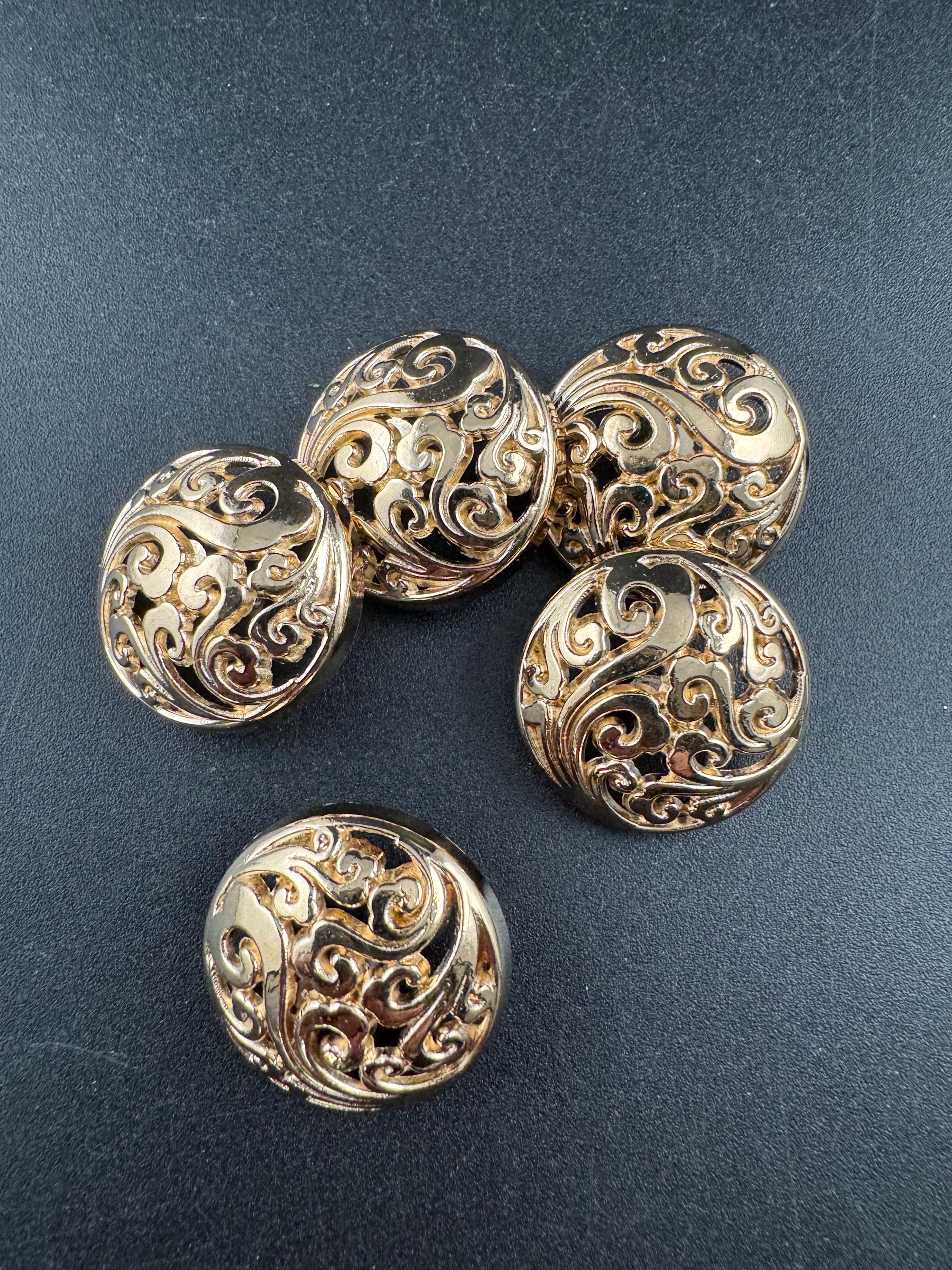 25mm openwork domed buttons, pack of 5 in gold or steel grey metal