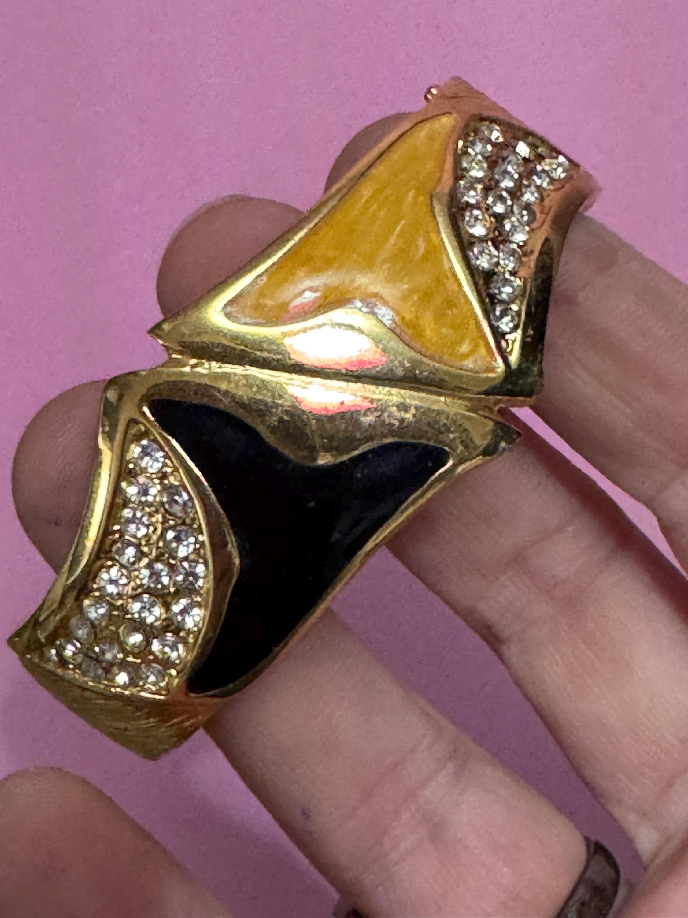 Vintage black gold enamel hinged clamper bangle , rhinestones 80s