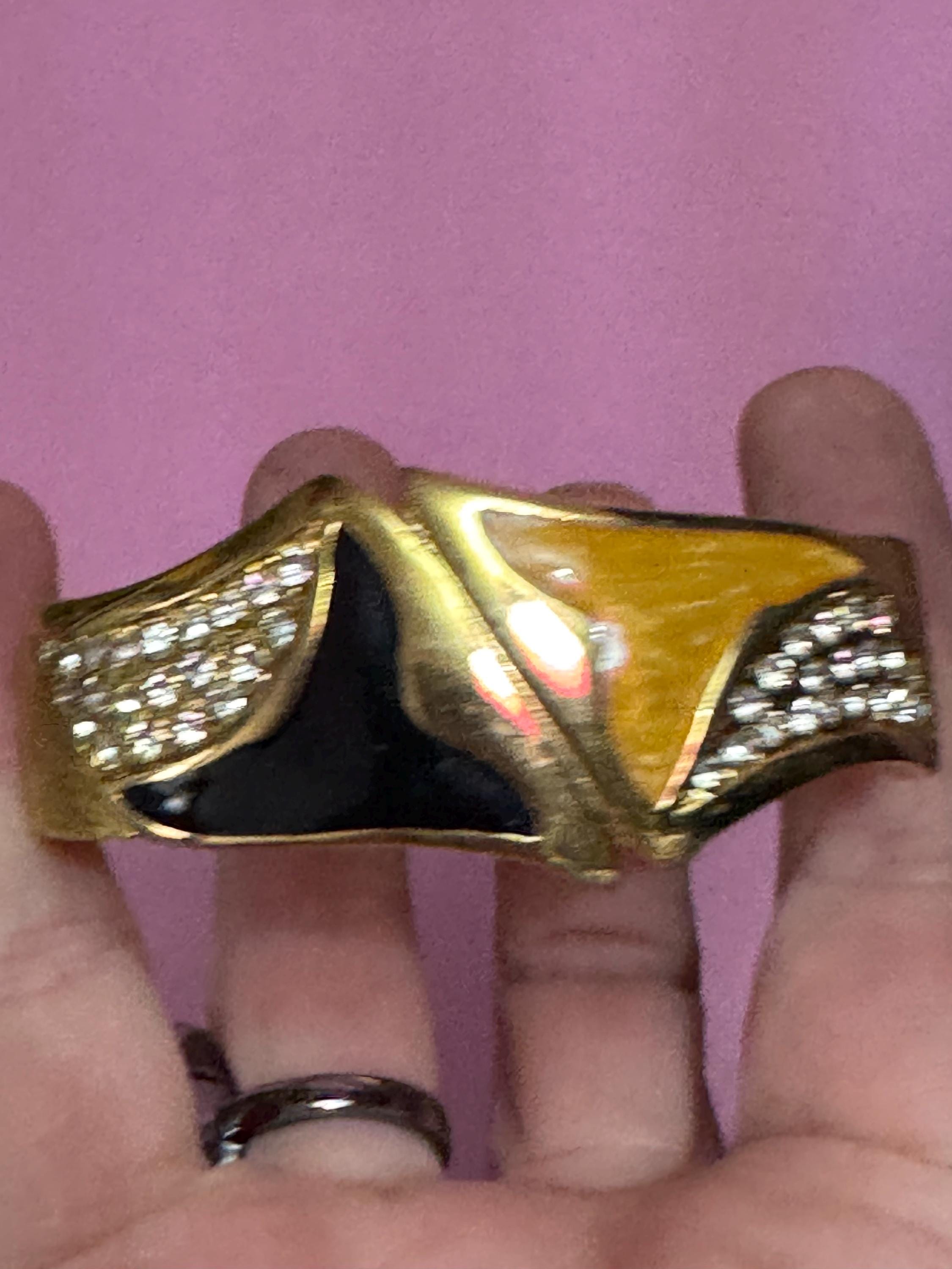 Vintage black gold enamel hinged clamper bangle , rhinestones 80s