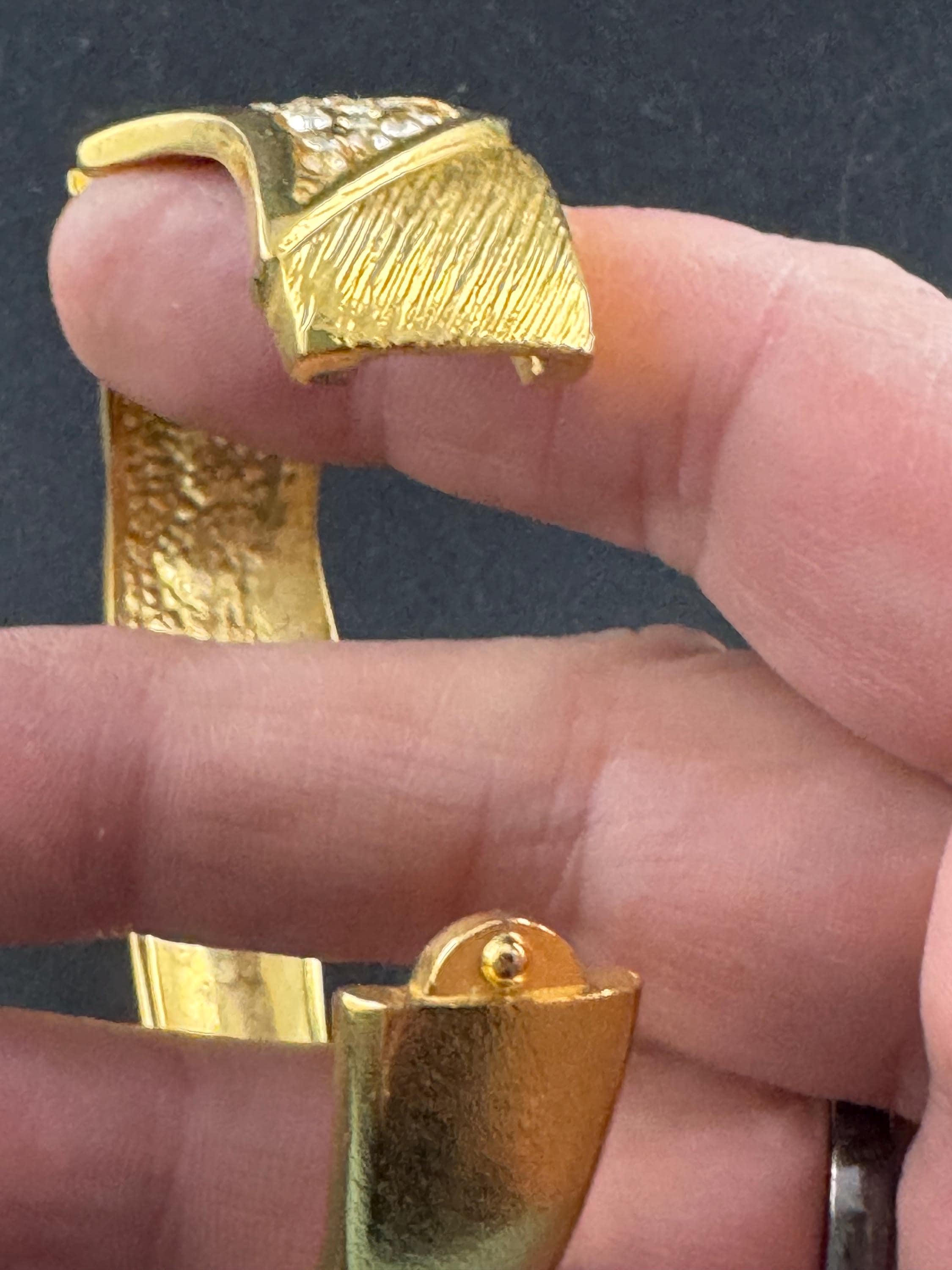 Vintage black gold enamel hinged clamper bangle , rhinestones 80s