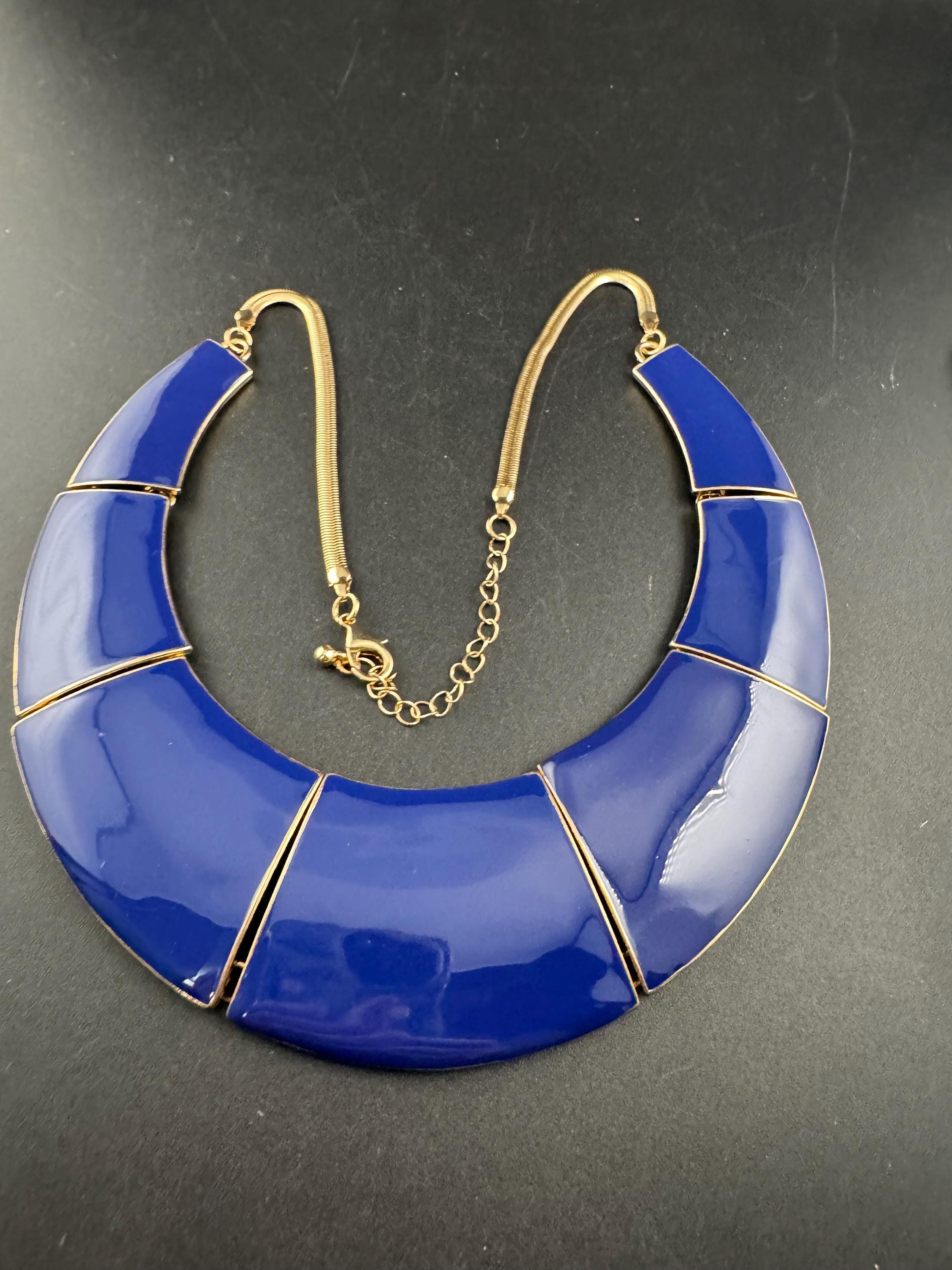 Blue Enamel wide Choker: Vintage Gold Tone chain necklace