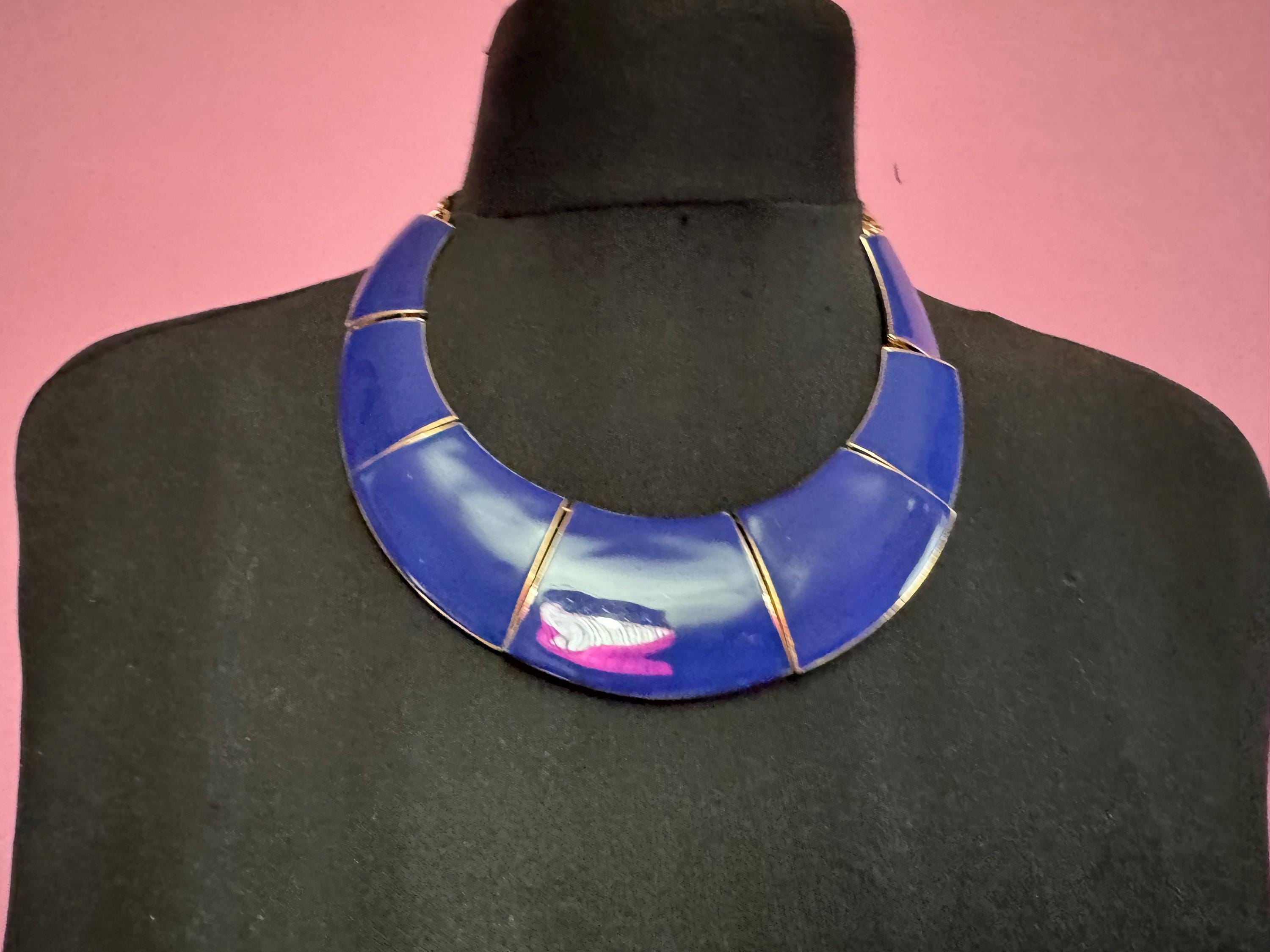 Blue Enamel wide Choker: Vintage Gold Tone chain necklace
