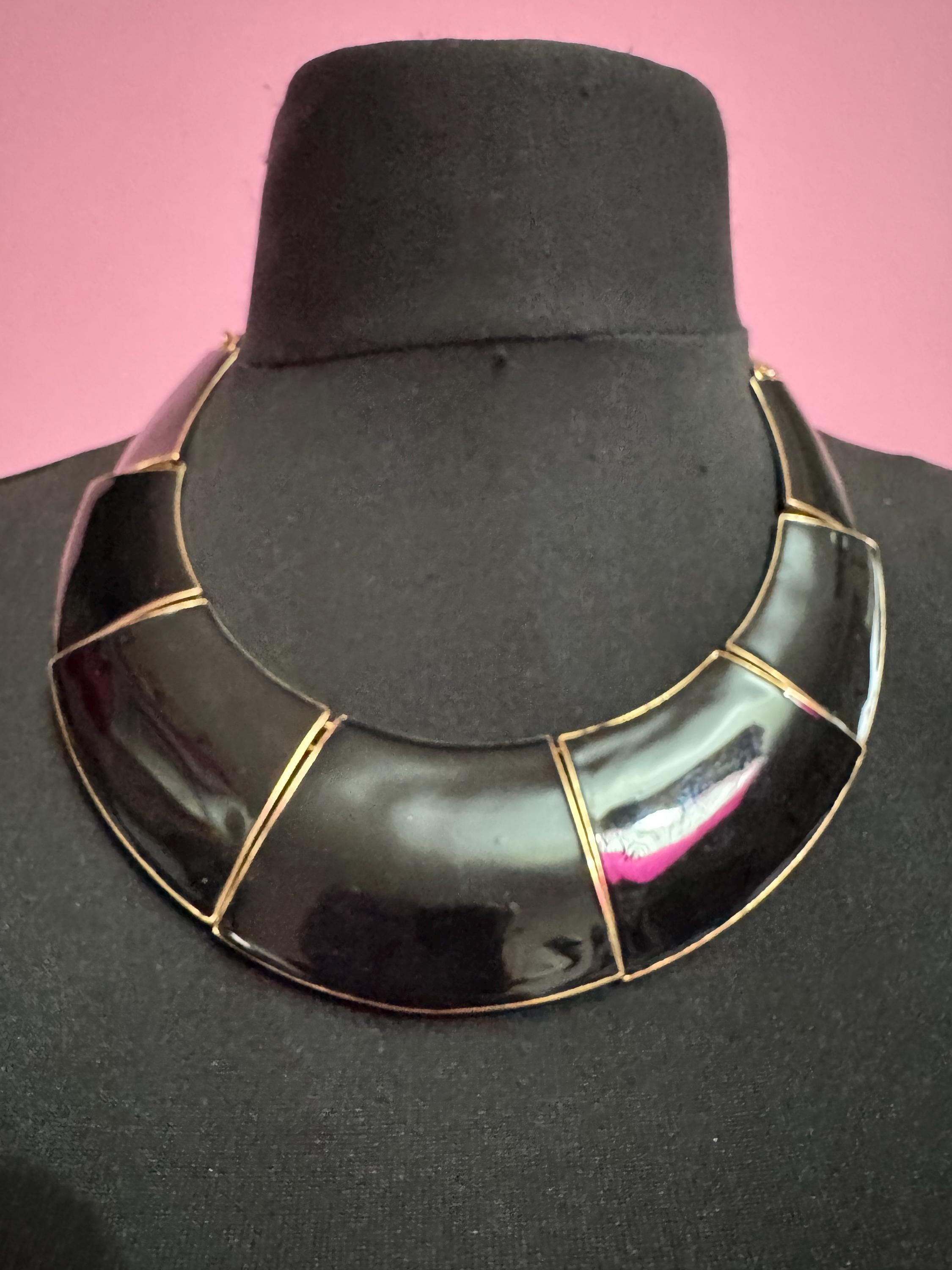 Black Enamel wide Choker: Vintage Gold Tone chain necklace