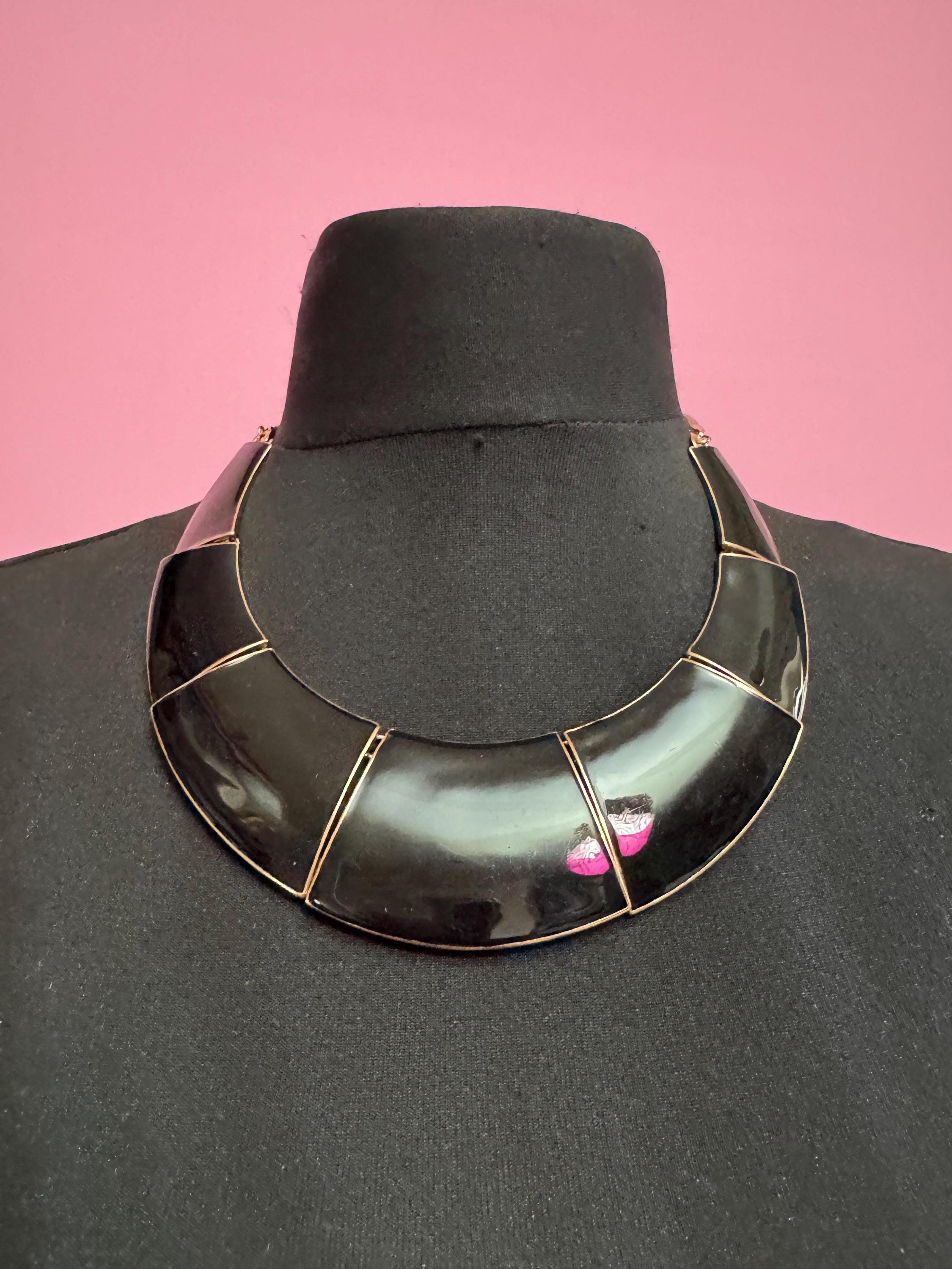 Black Enamel wide Choker: Vintage Gold Tone chain necklace