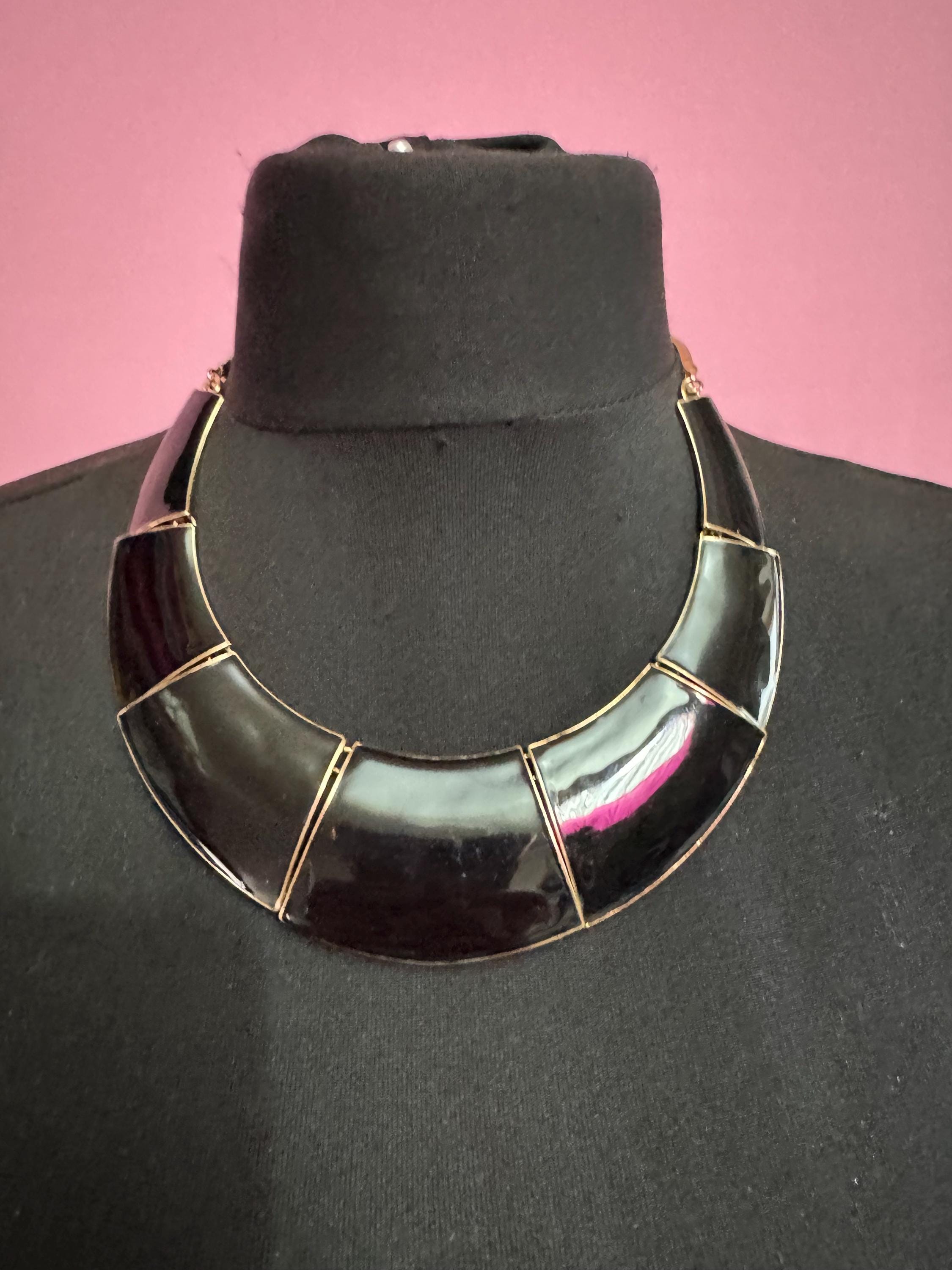 Black Enamel wide Choker: Vintage Gold Tone chain necklace