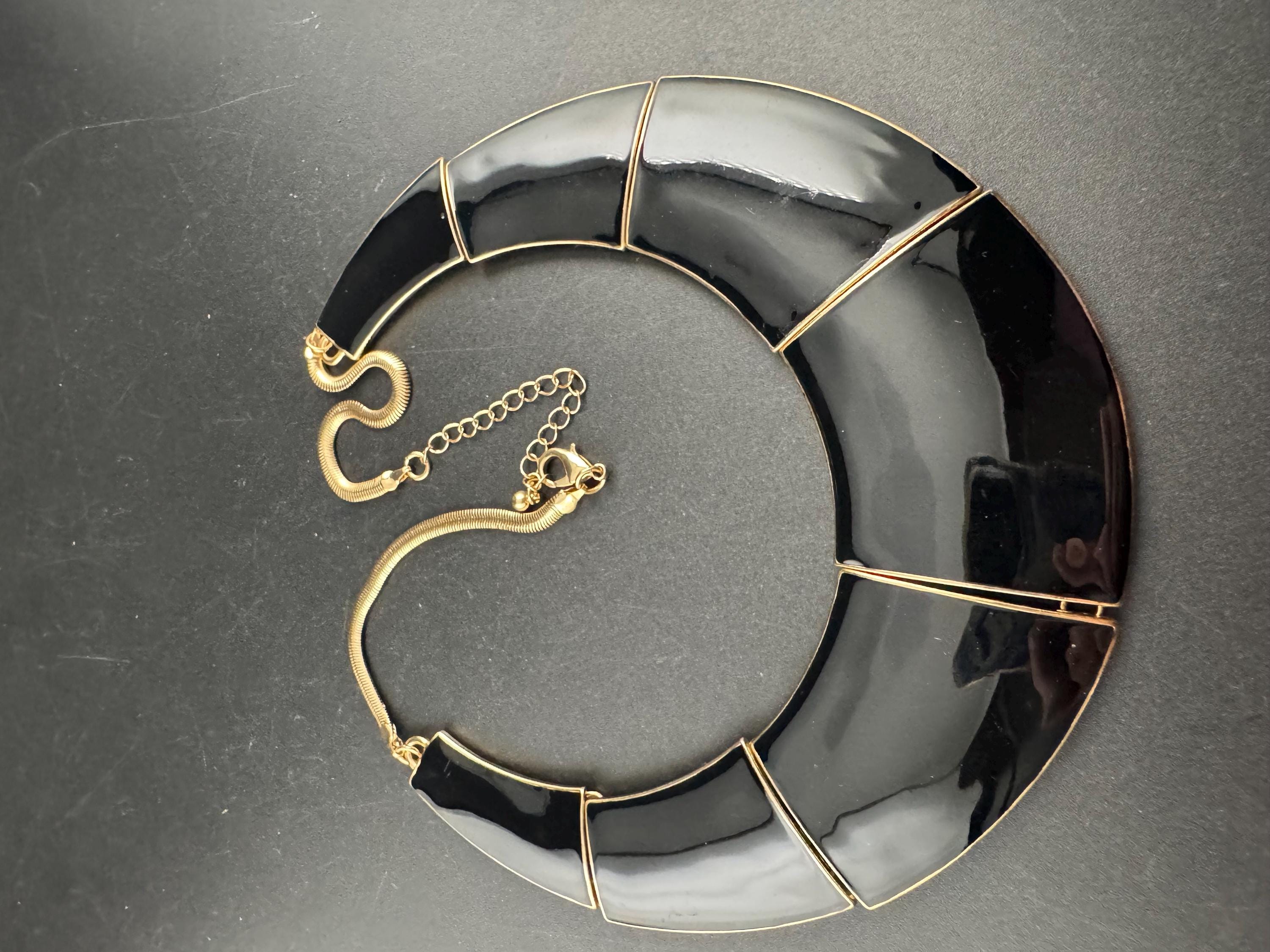 Black Enamel wide Choker: Vintage Gold Tone chain necklace