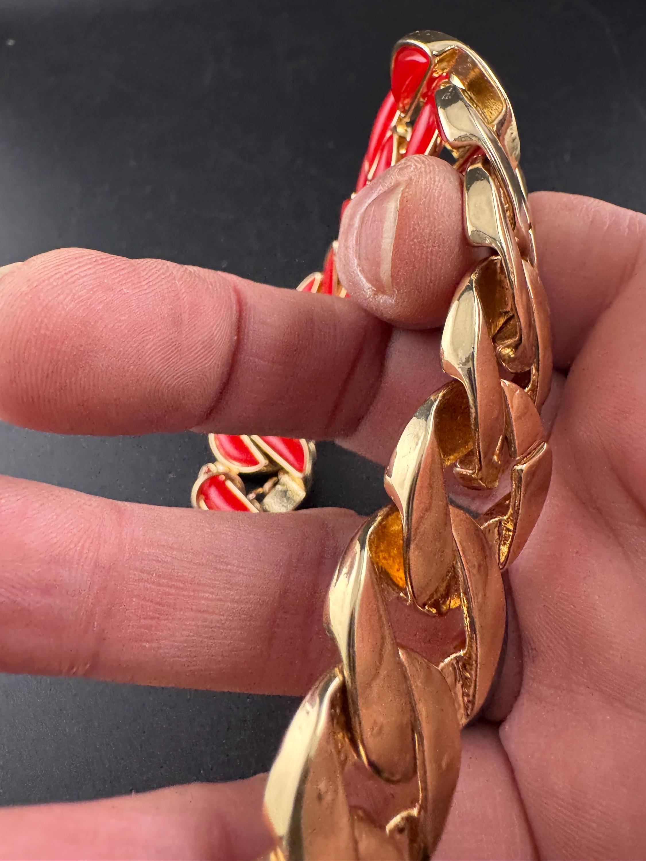 Vintage Red enamel curb chain choker , gold tone necklace