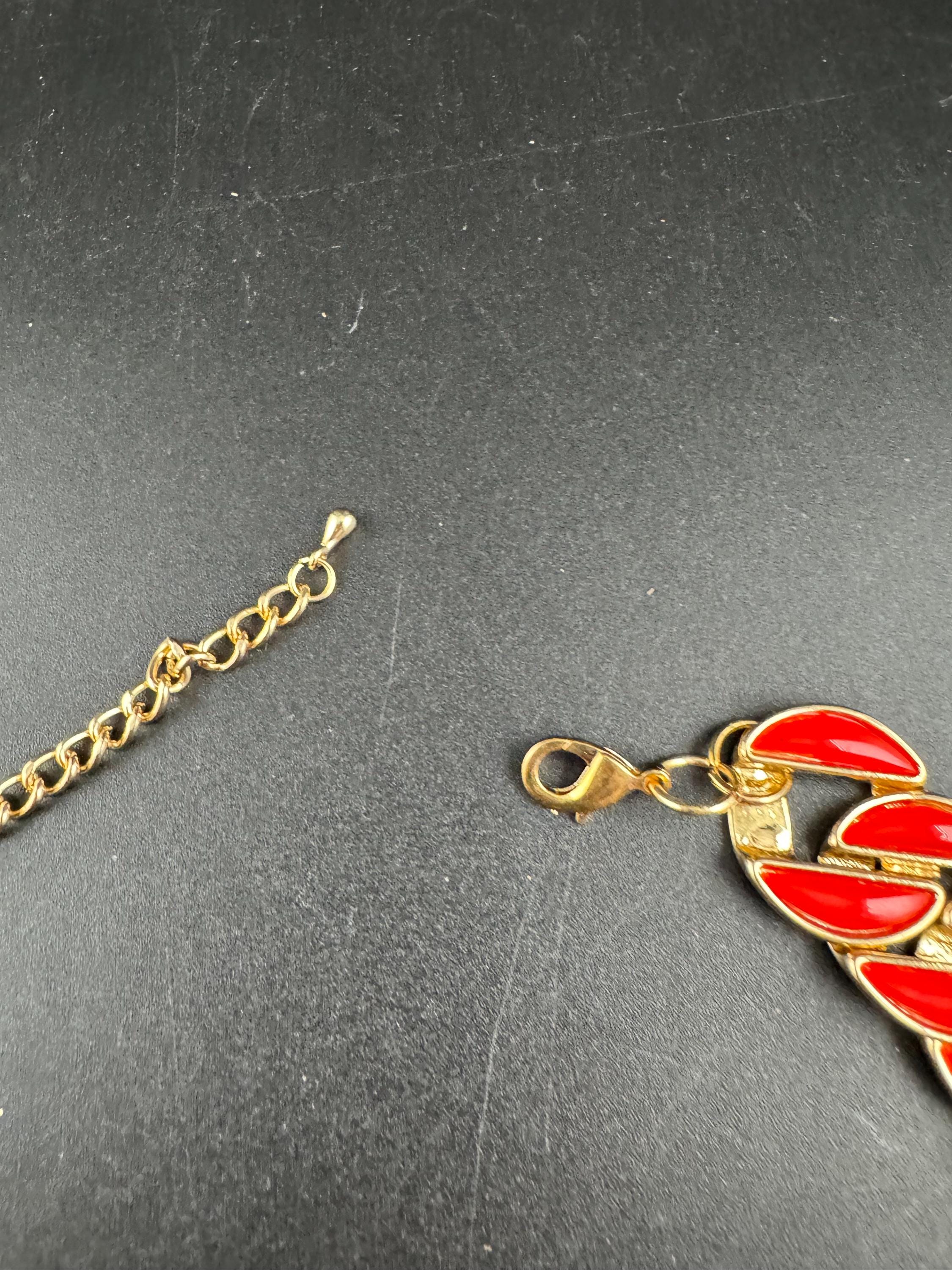 Vintage Red enamel curb chain choker , gold tone necklace