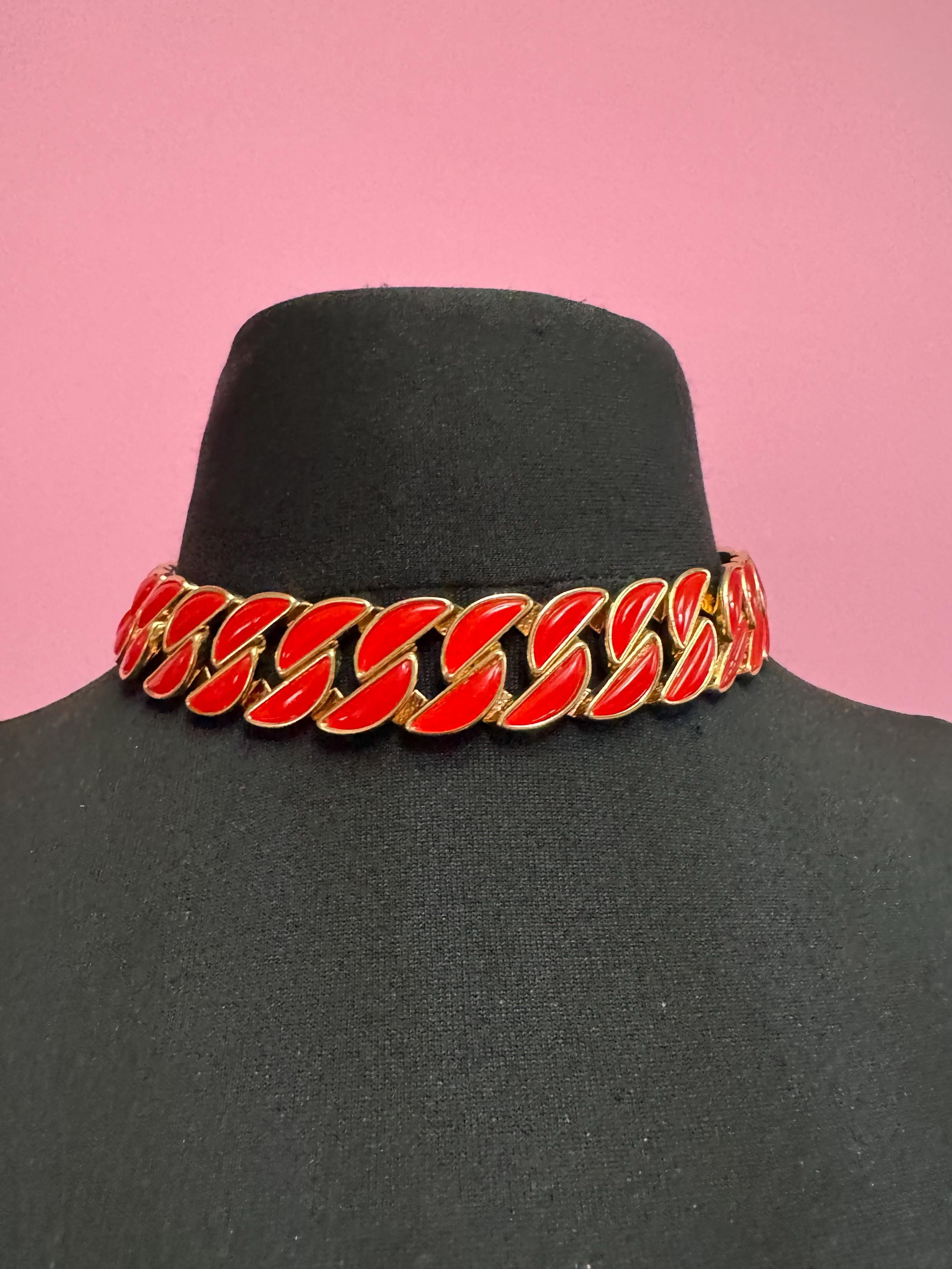 Vintage Red enamel curb chain choker , gold tone necklace