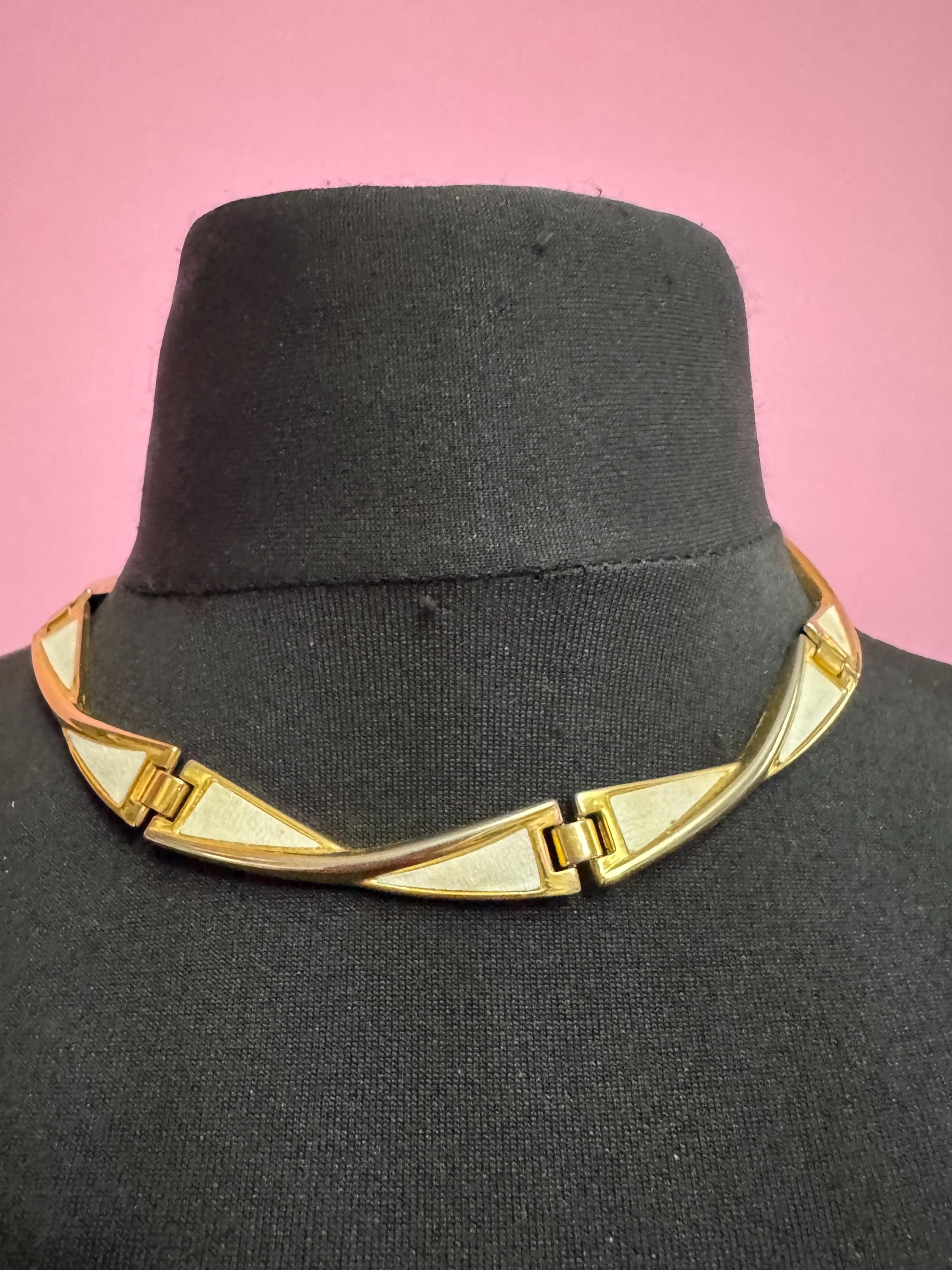 cream white inset Choker, Gold panel link necklace