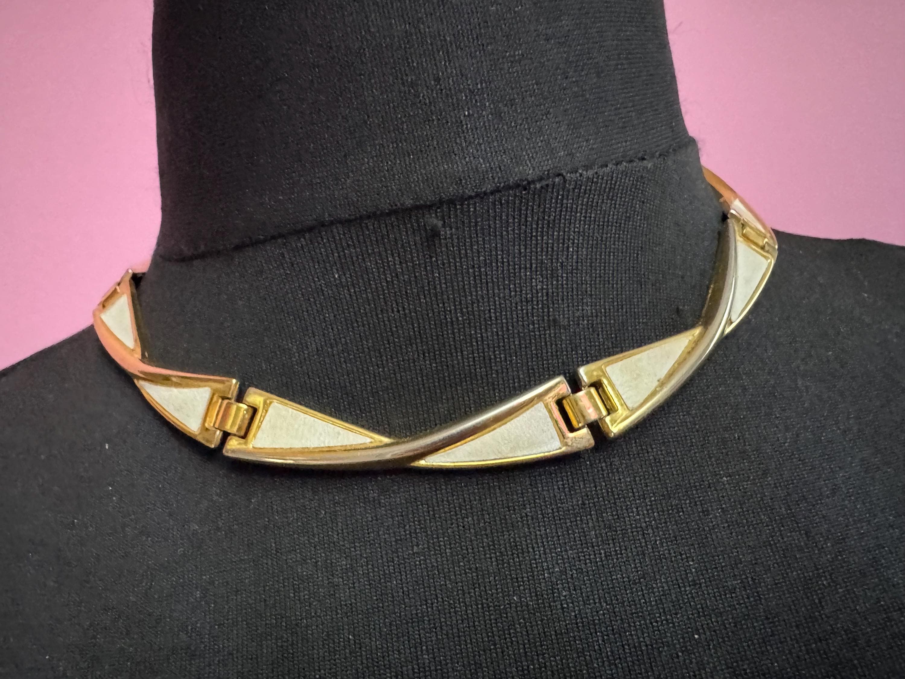 cream white inset Choker, Gold panel link necklace