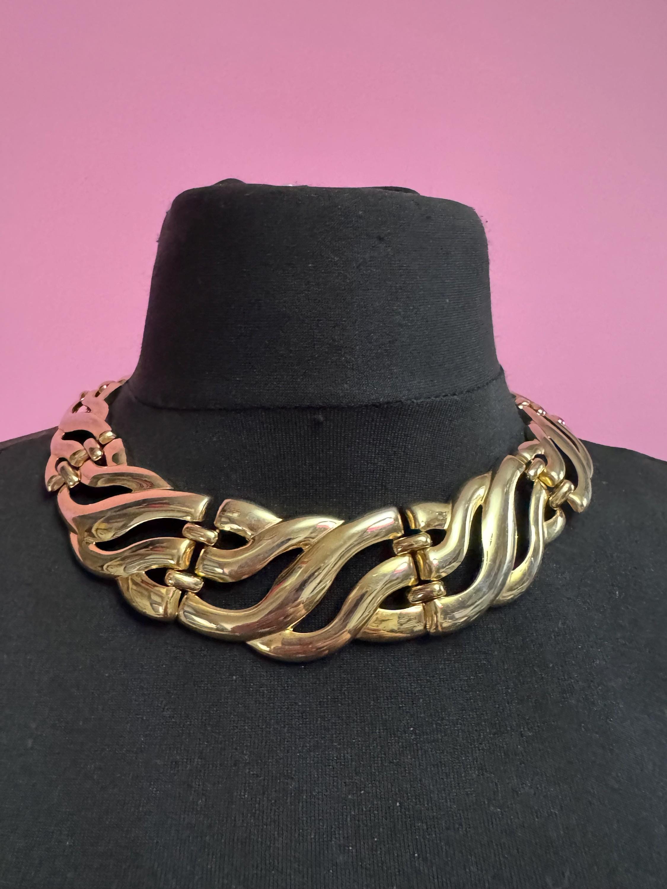 1980s wide chunky gold choker, embossed retro necklace
