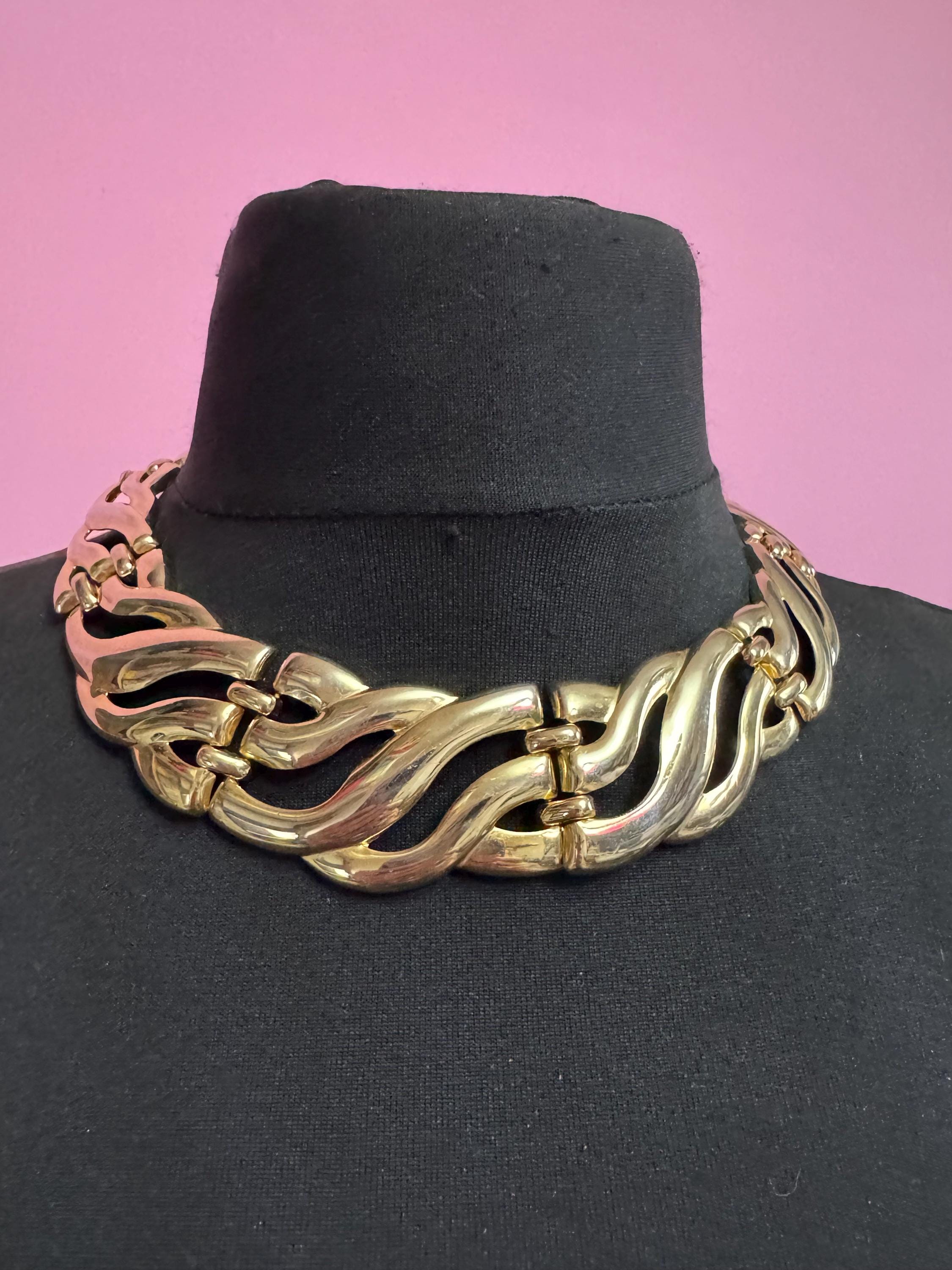1980s wide chunky gold choker, embossed retro necklace