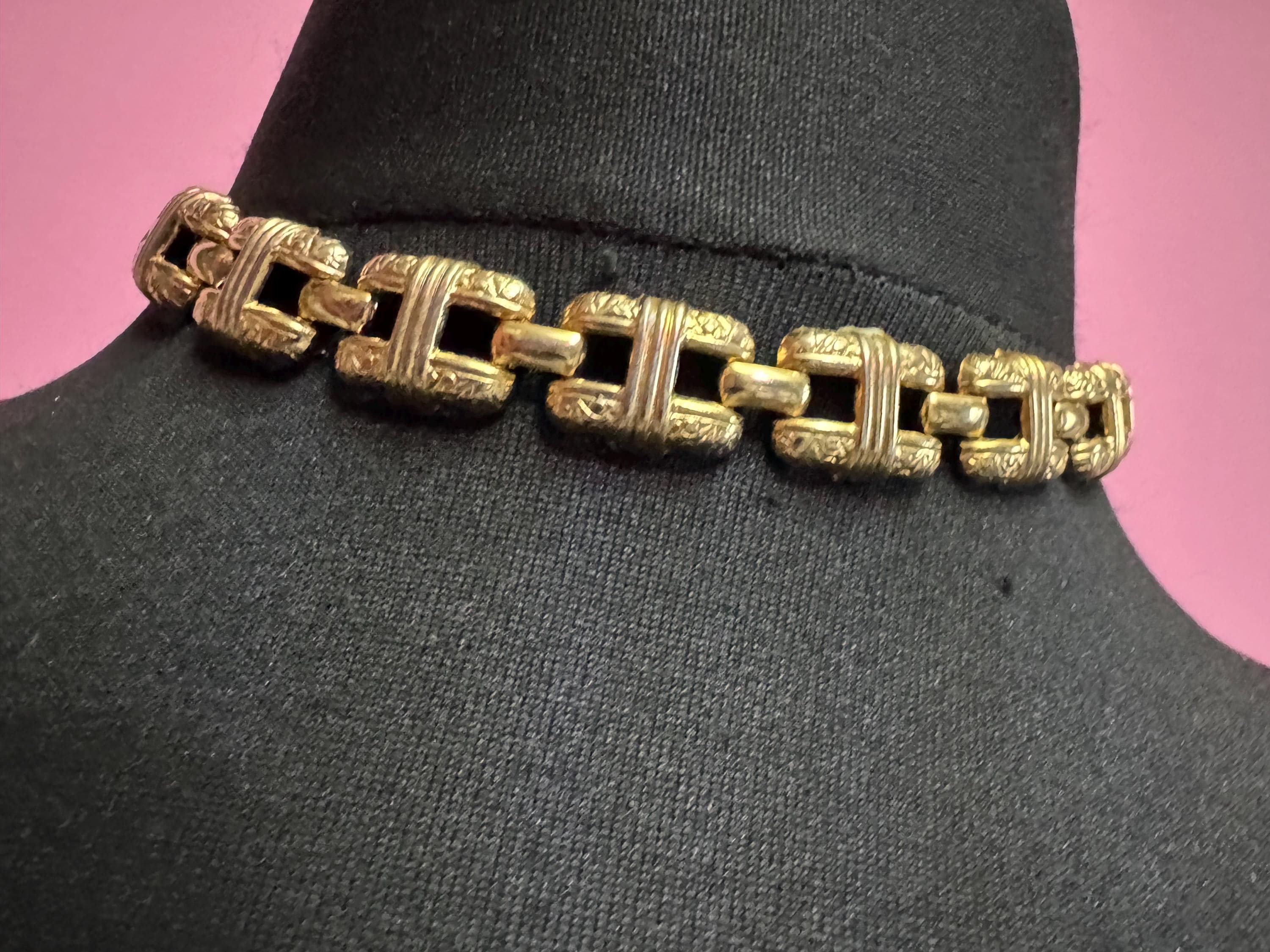 Vintage gold panel link choker necklace, 1980s embossed links
