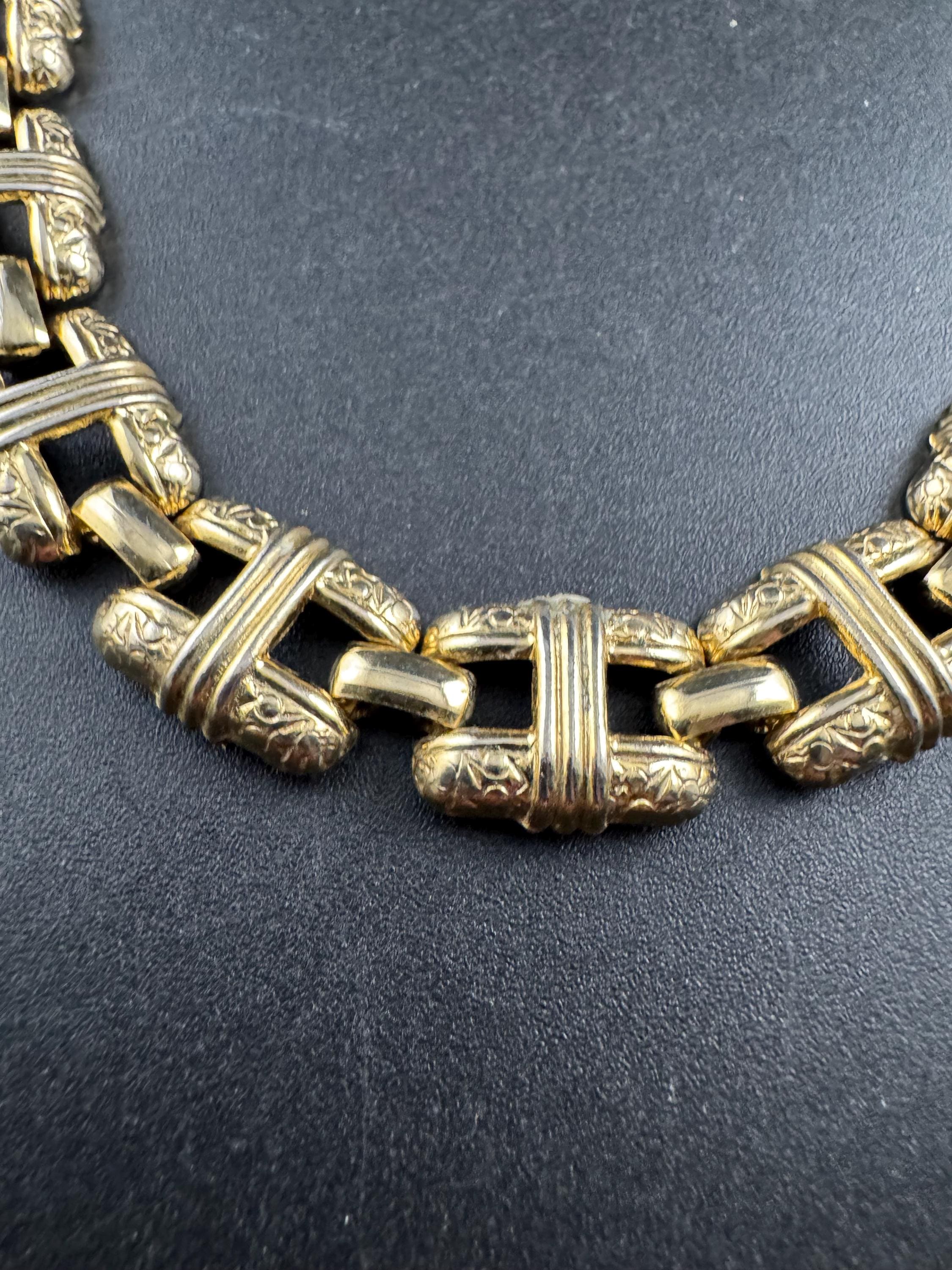Vintage gold panel link choker necklace, 1980s embossed links