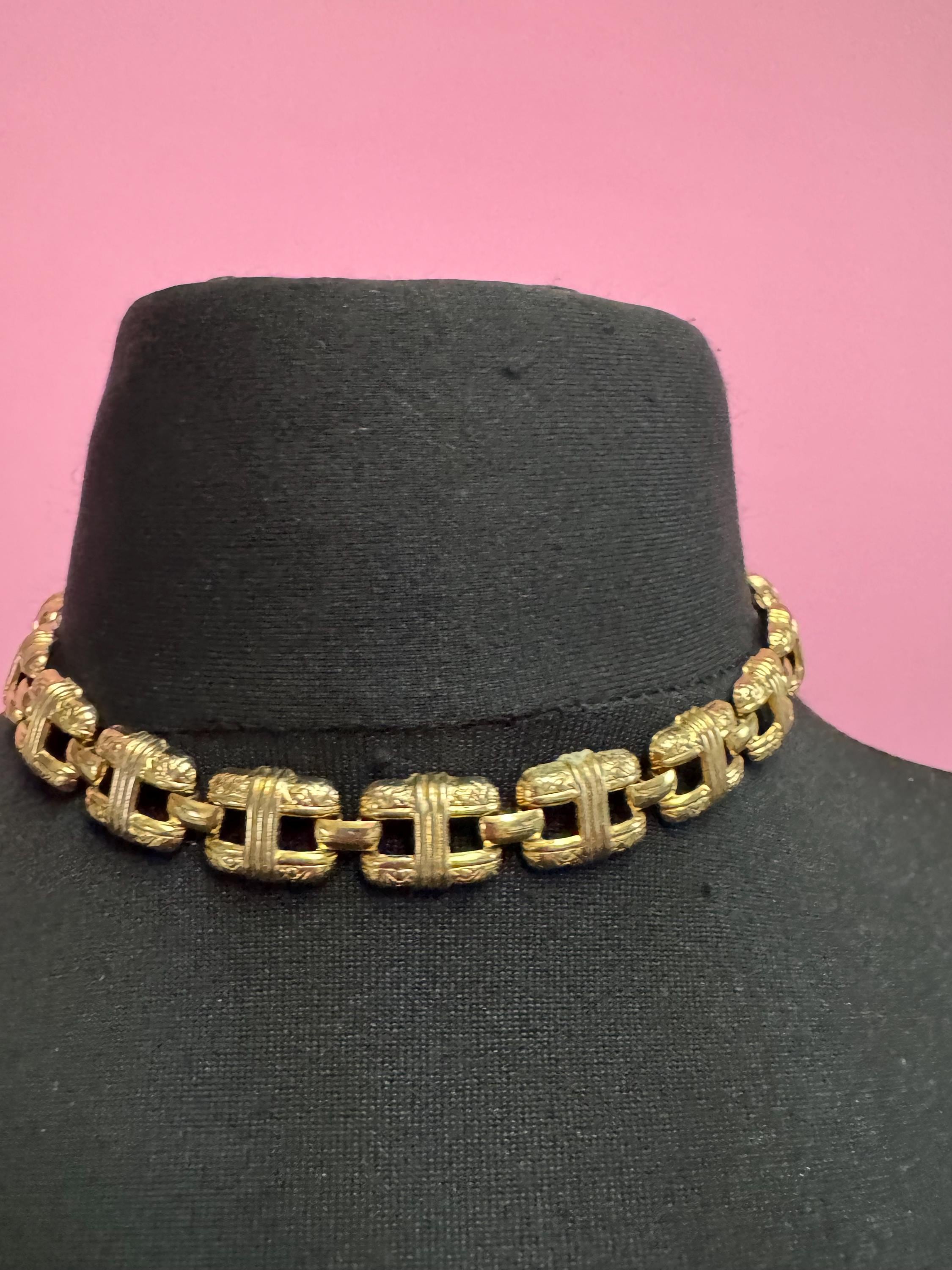 Vintage gold panel link choker necklace, 1980s embossed links