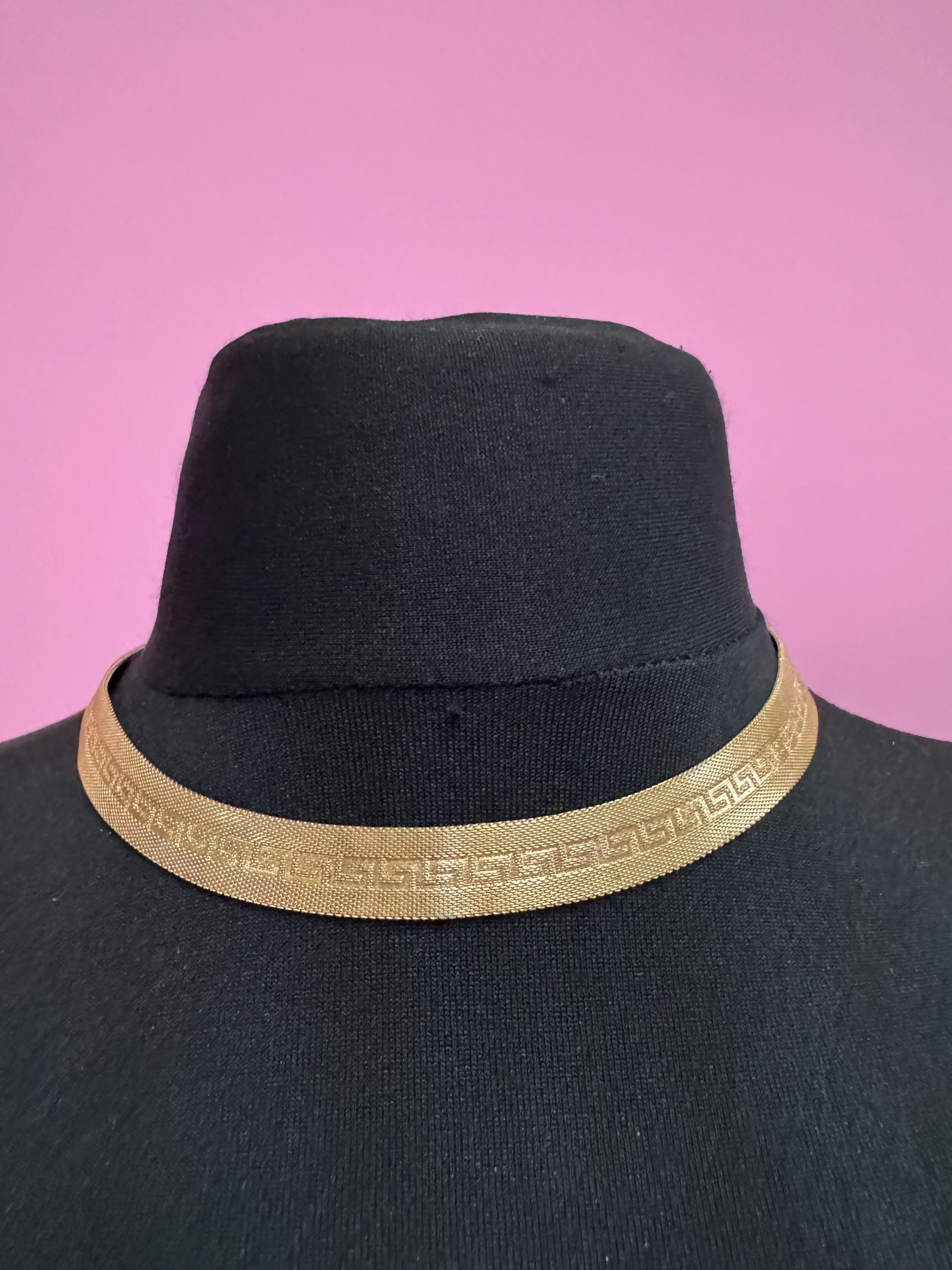 Vintage Gold plated mesh choker, Greek key necklace 1960s