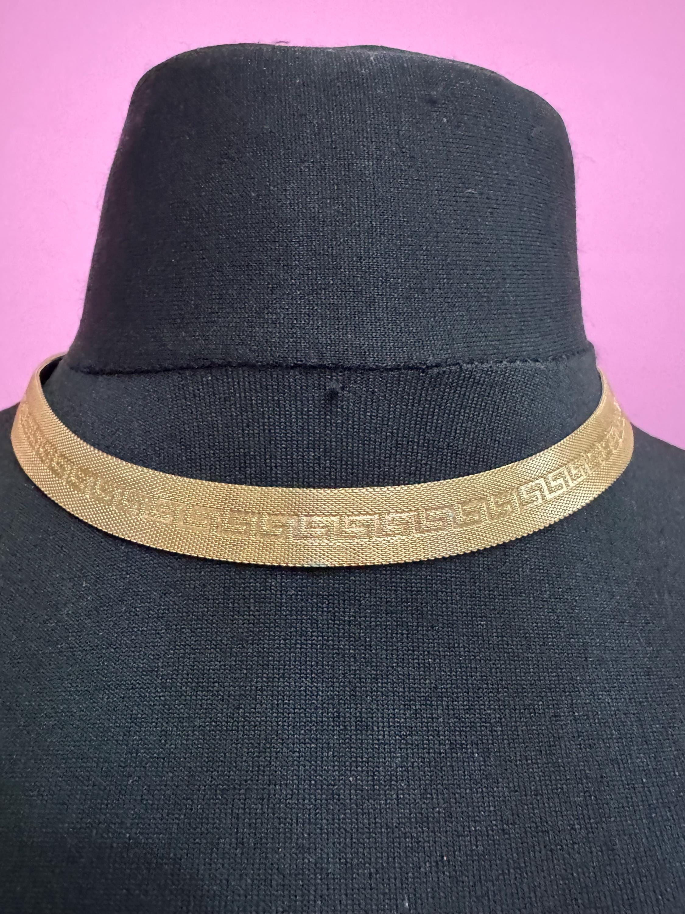 Vintage Gold plated mesh choker, Greek key necklace 1960s