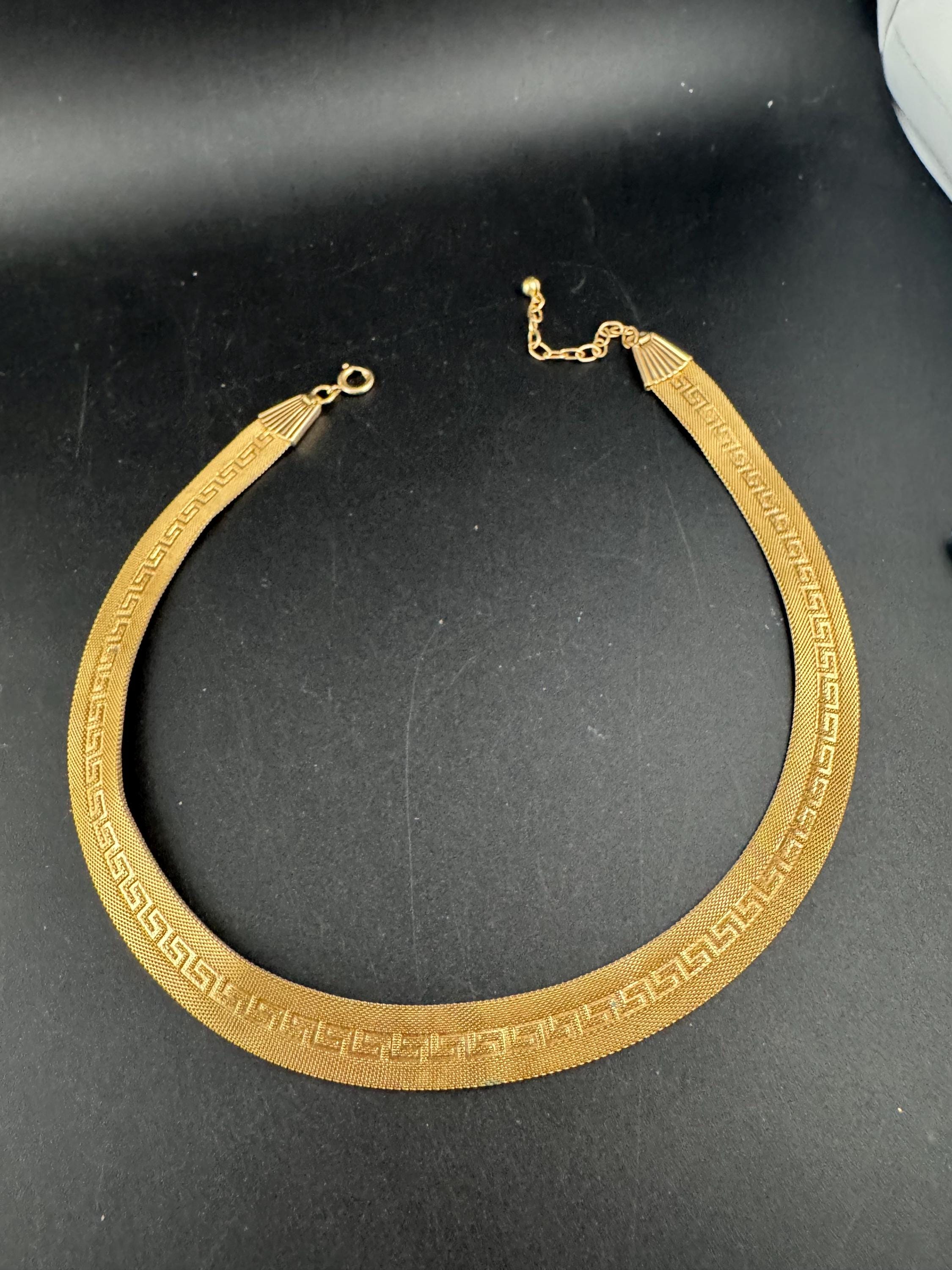 Vintage Gold plated mesh choker, Greek key necklace 1960s