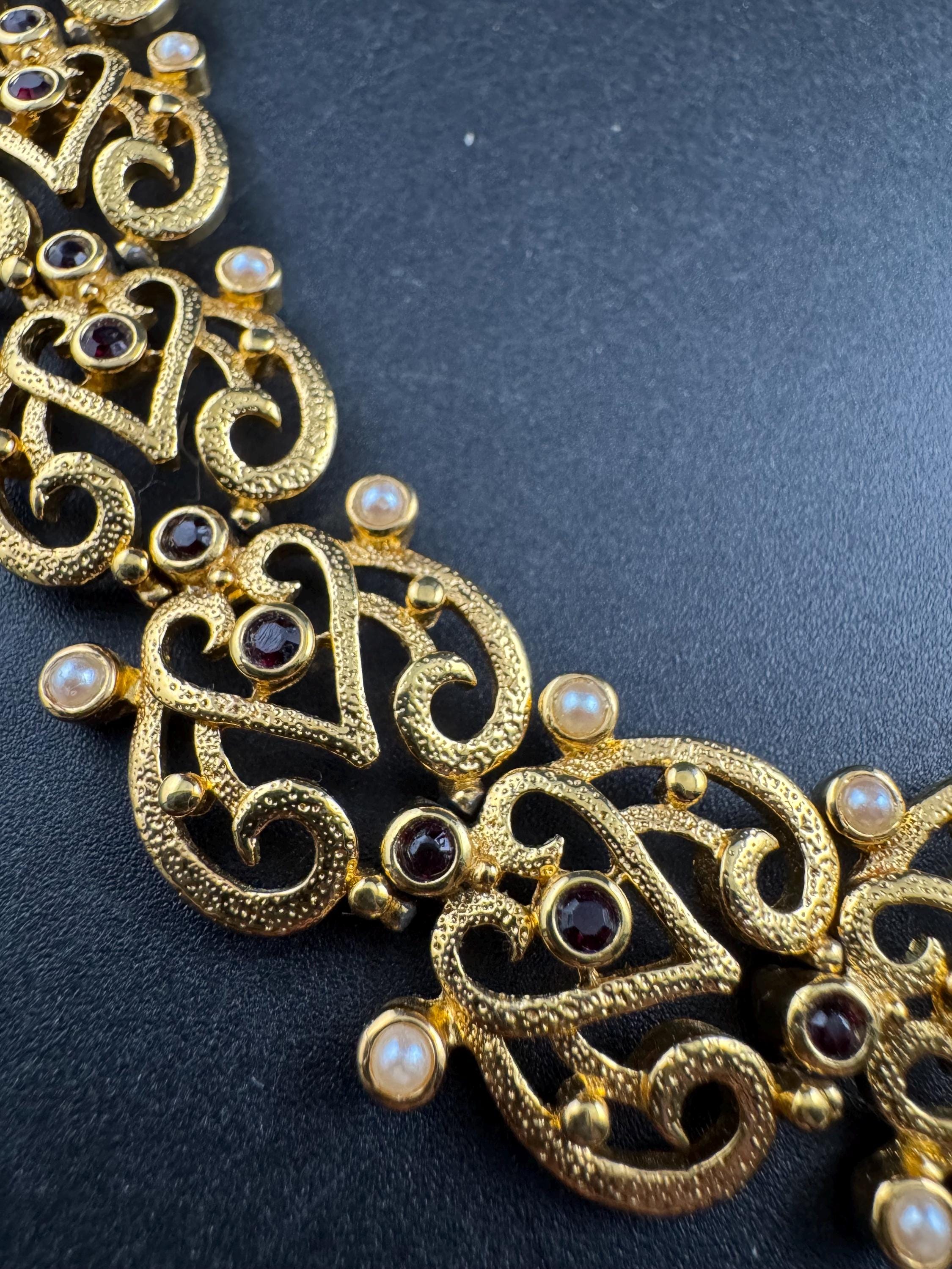 Vintage Past Times gold openwork choker necklace, signed black rhinestones