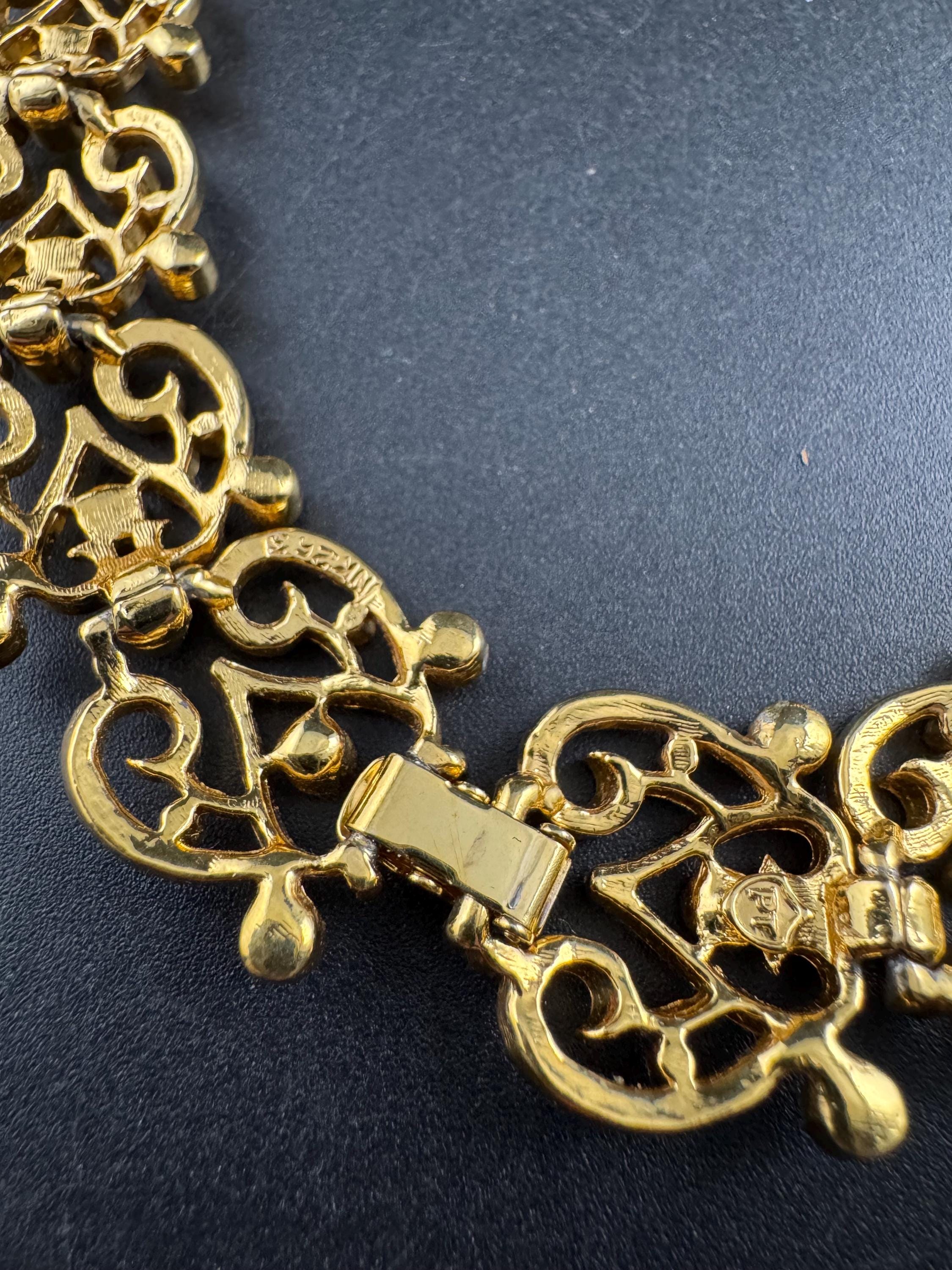 Vintage Past Times gold openwork choker necklace, signed black rhinestones