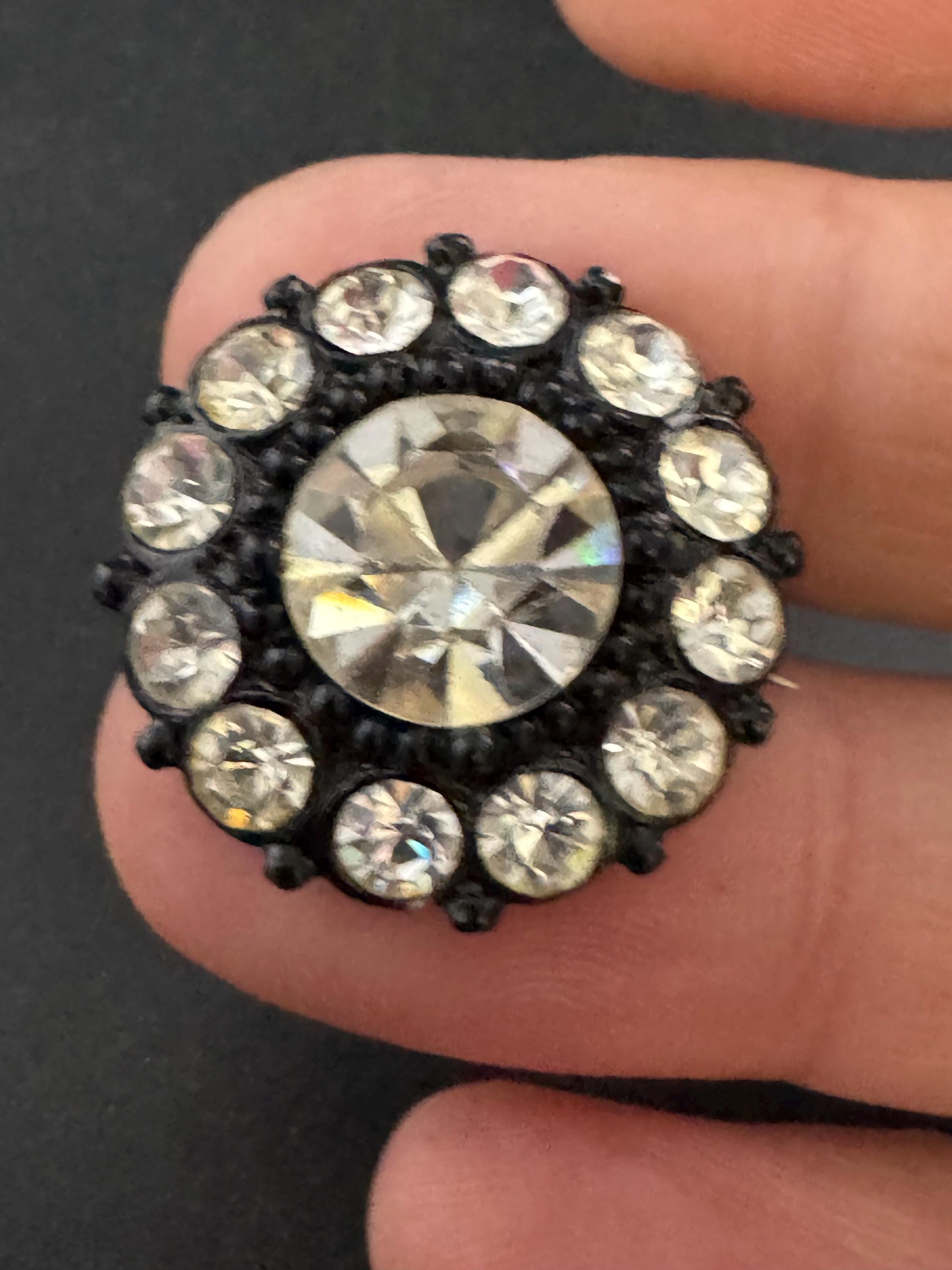 Vintage small clear Diamanté round button Brooch, Japanned metal c clasp