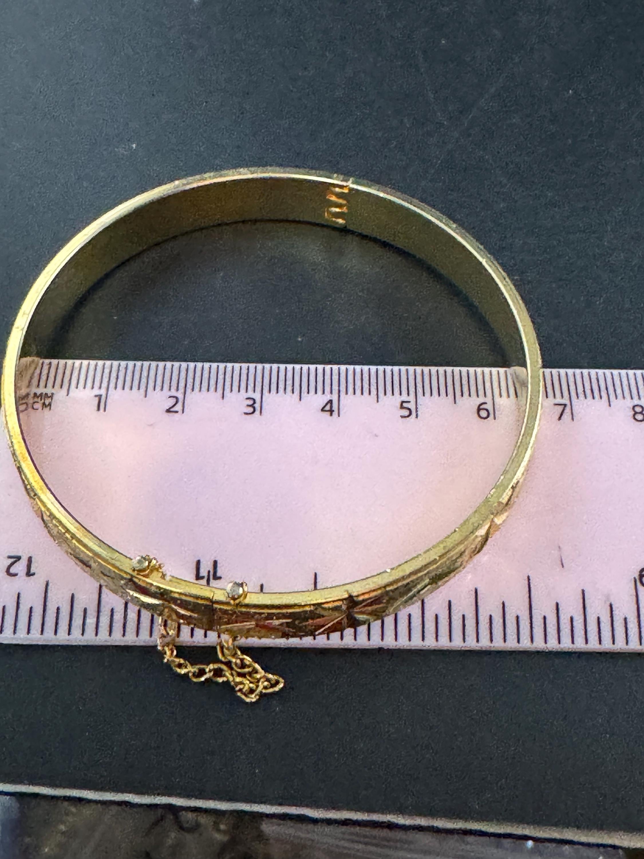 Vintage Gold plated etched Bangle, hinged 1970s with safety chain