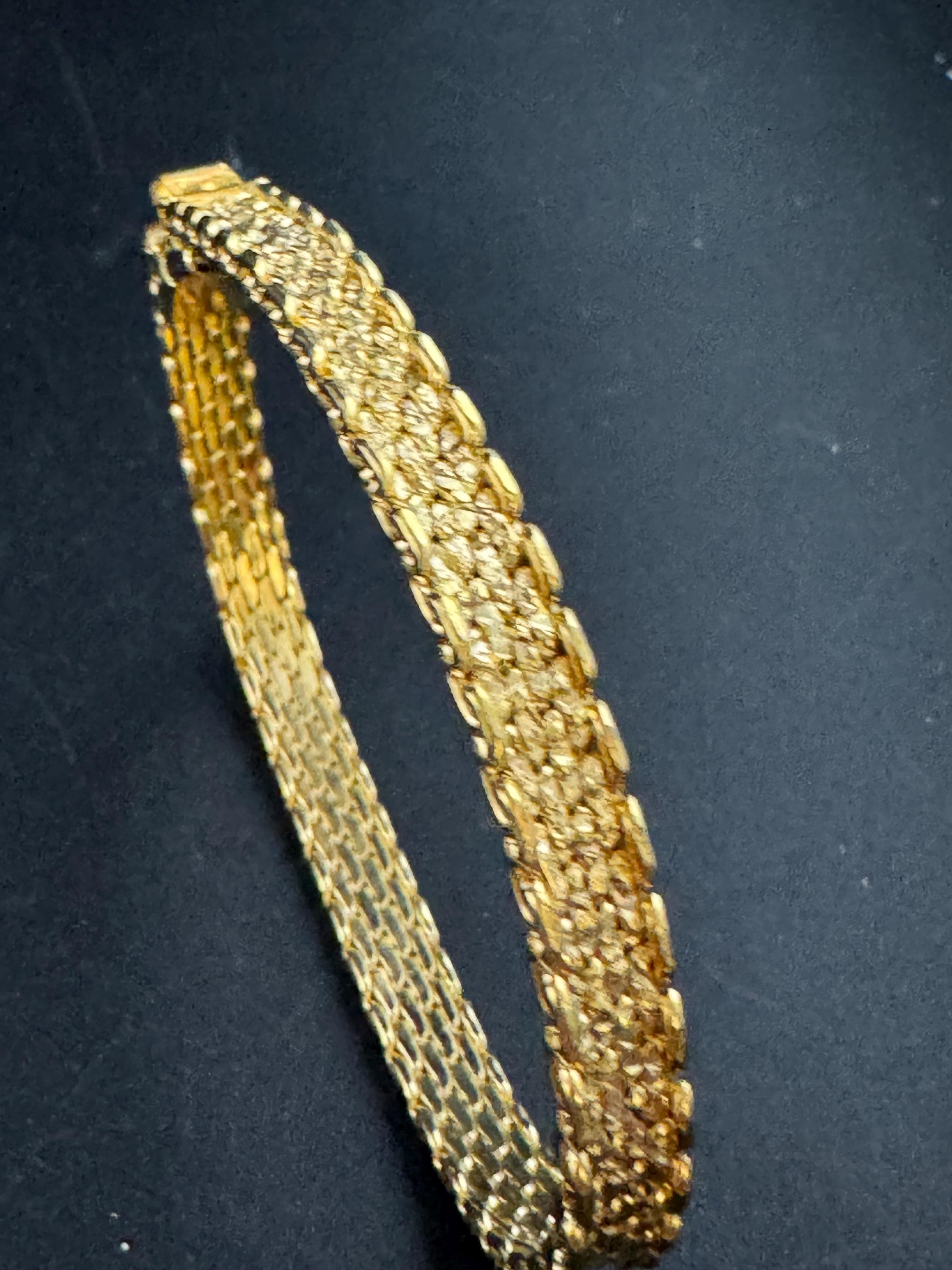 Vintage slim flat mesh bangle bracelet , gold plated modernist