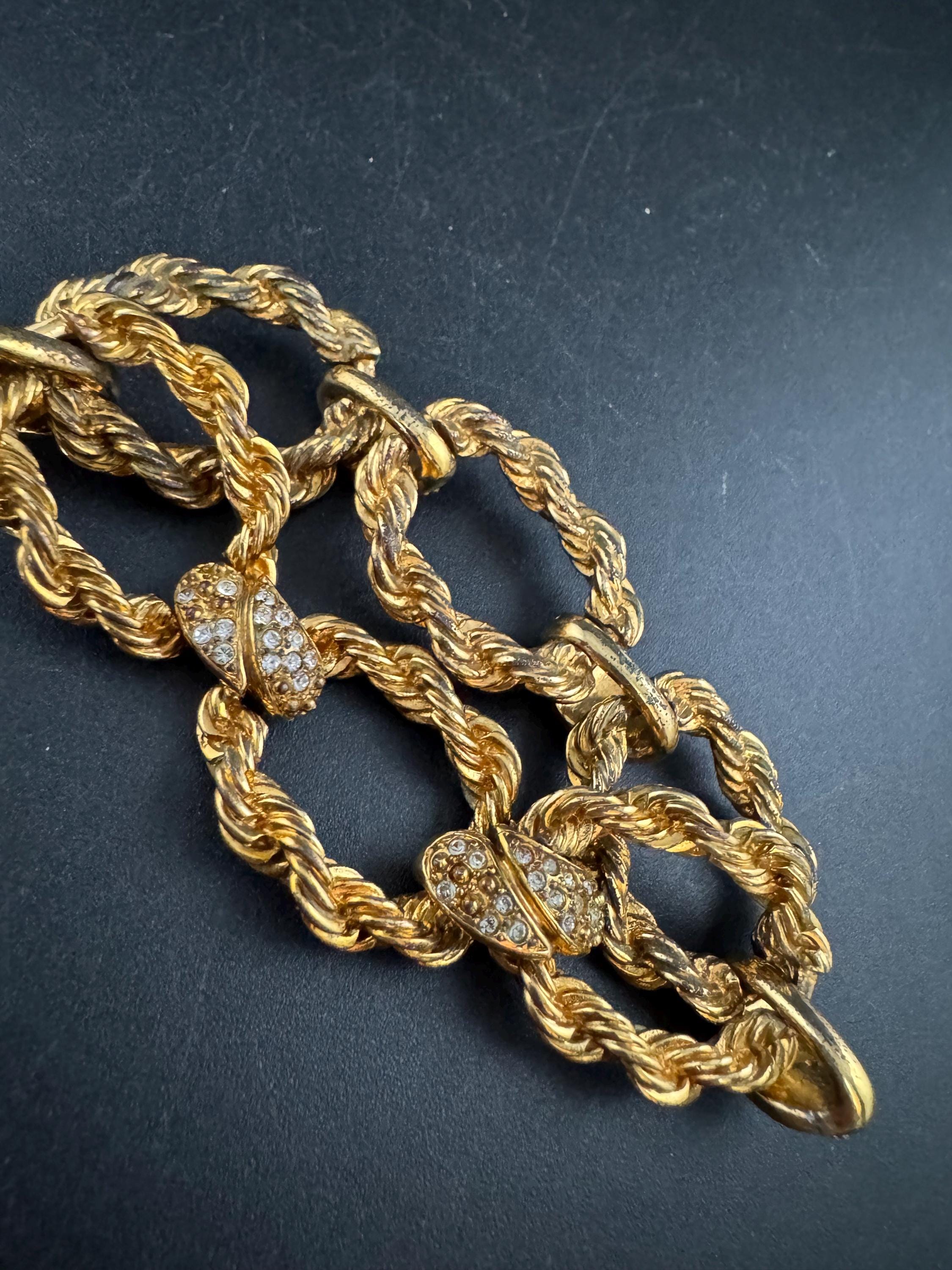 Vintage rope twist wide crystal bracelet, dark antique gold tone