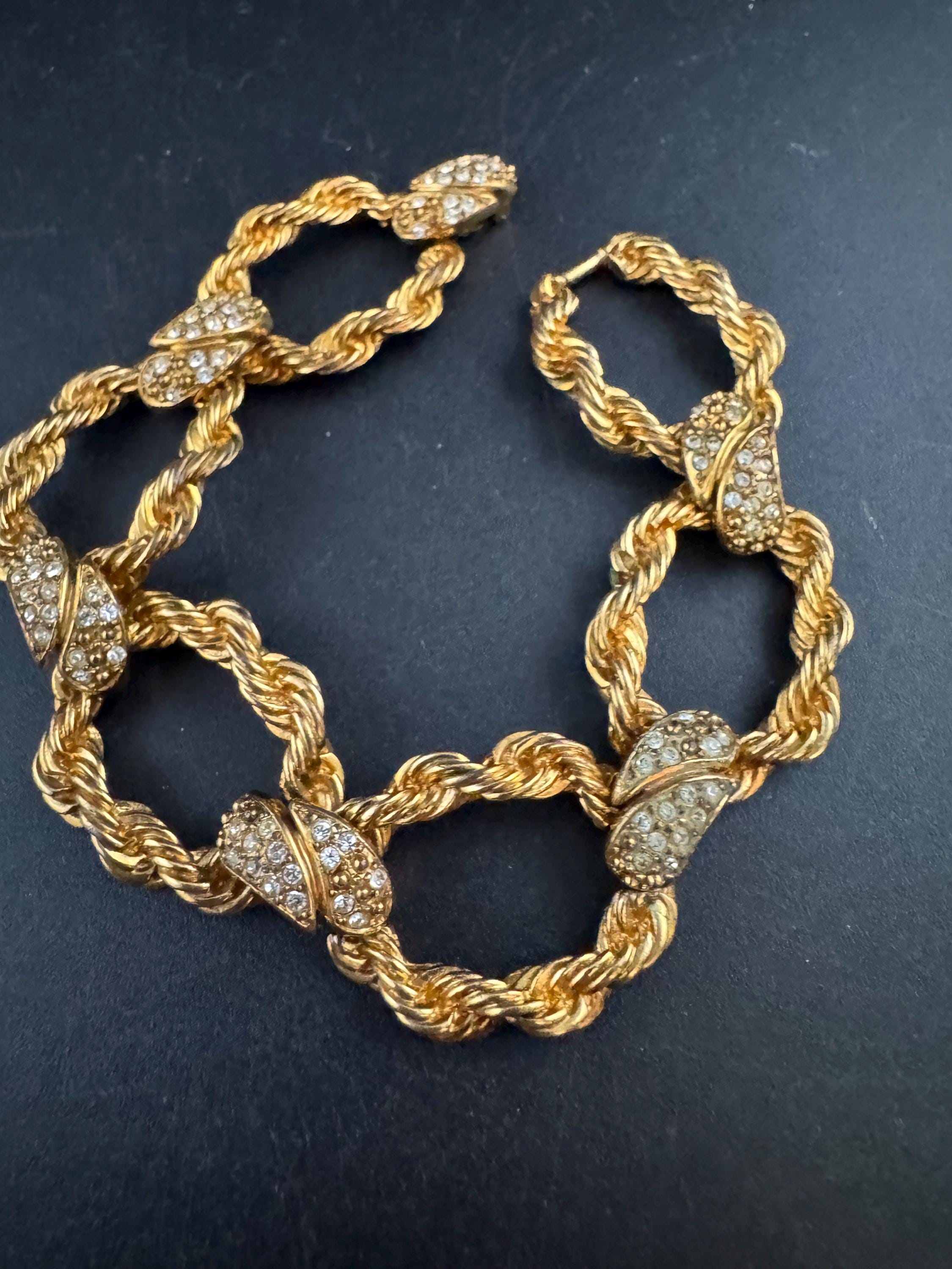 Vintage rope twist wide crystal bracelet, dark antique gold tone
