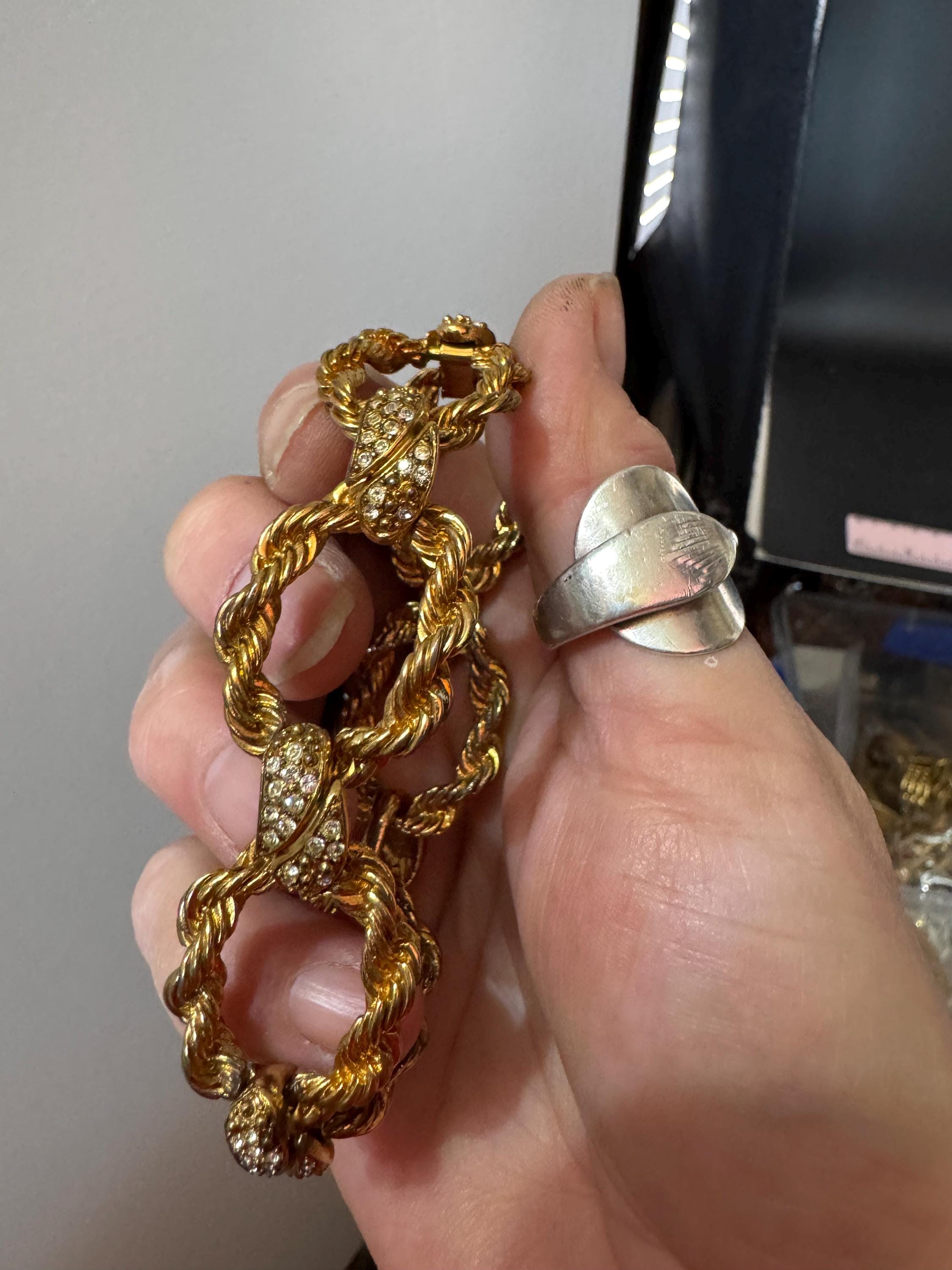 Vintage rope twist wide crystal bracelet, dark antique gold tone