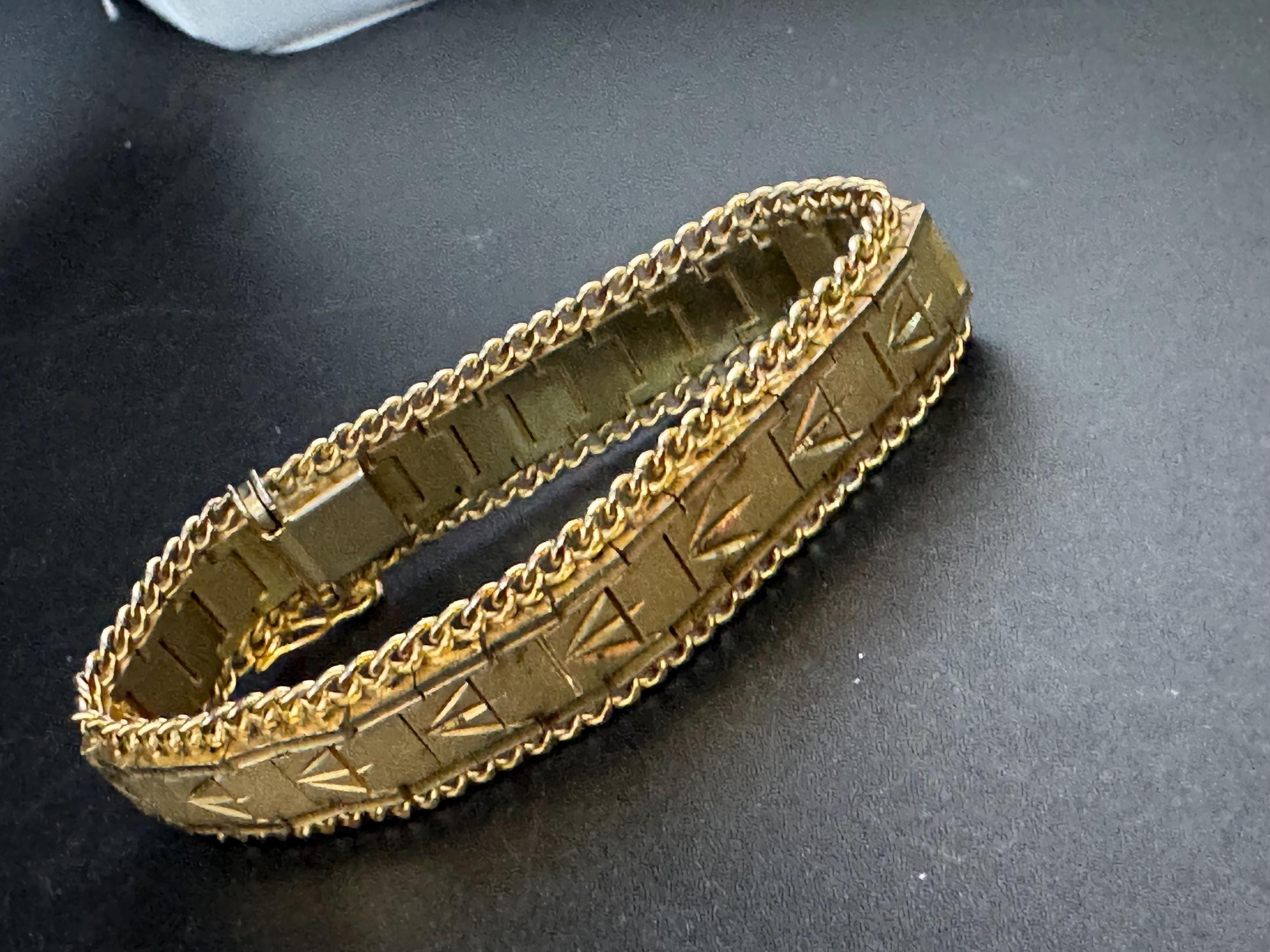 1970s flat wide etched bracelet,  gold plated chain edged