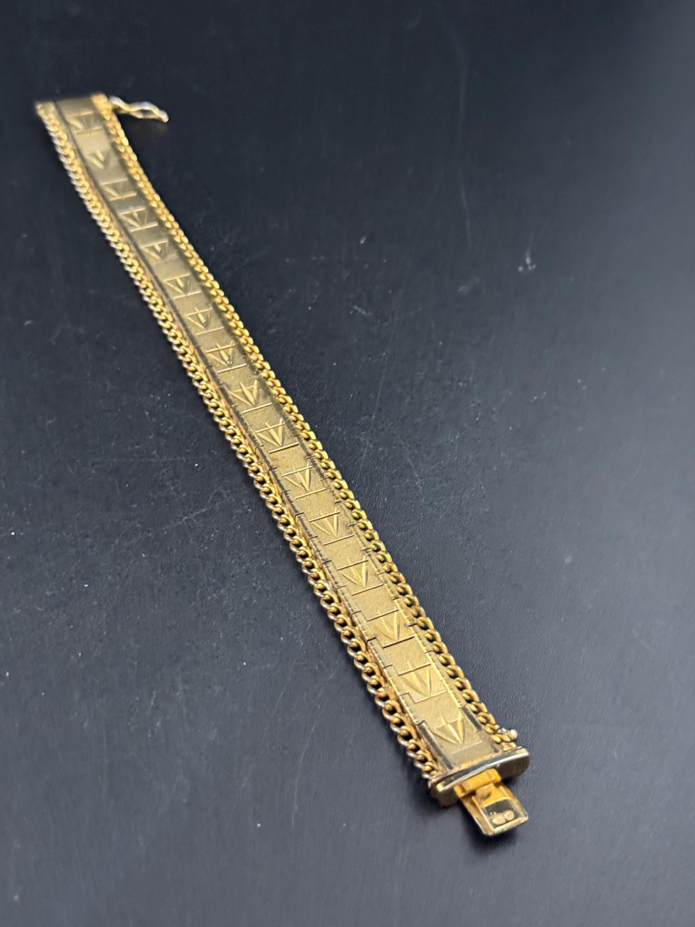 1970s flat wide etched bracelet,  gold plated chain edged