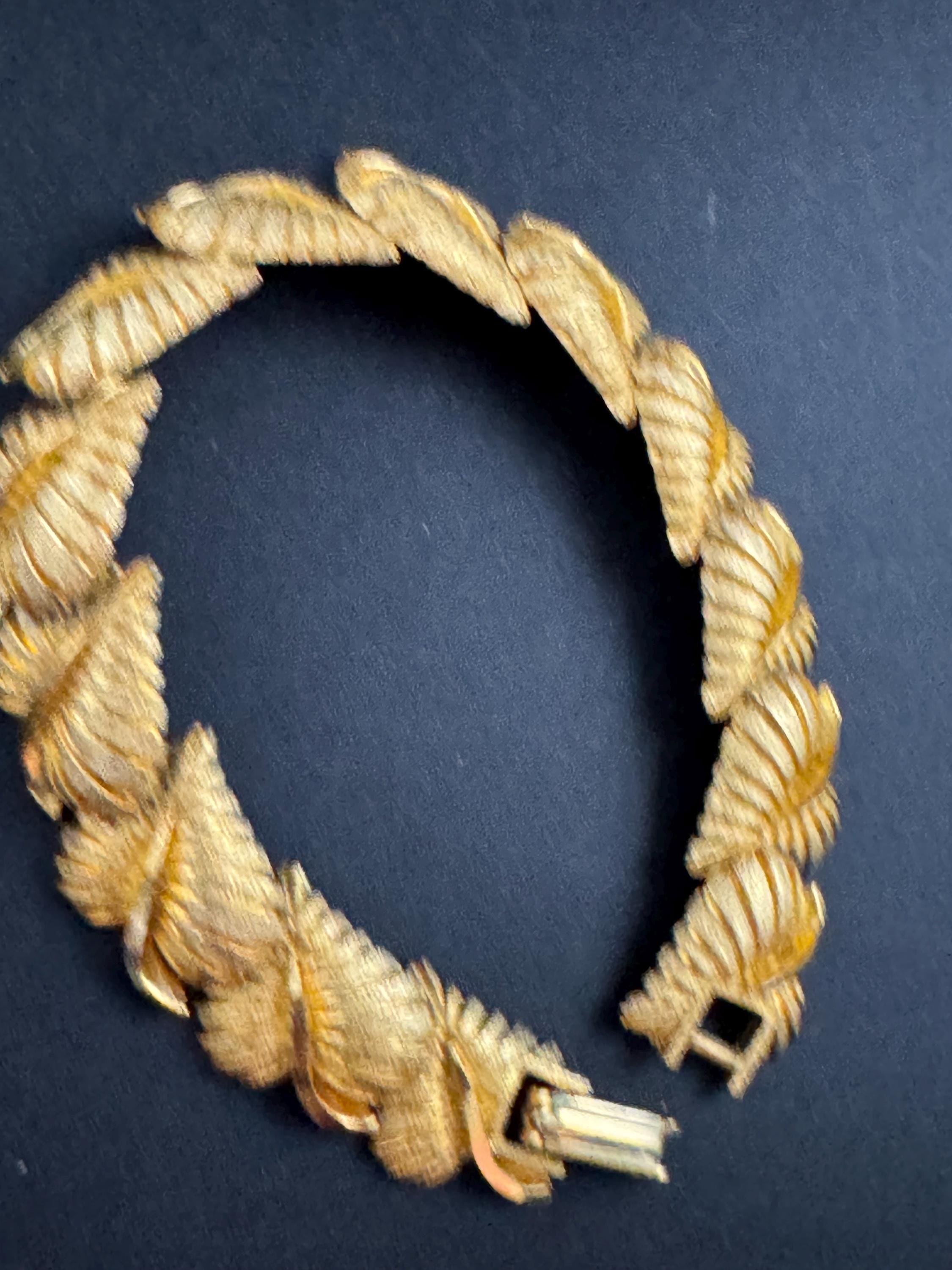 Gold panel link leaf bracelet, modernist period mid century