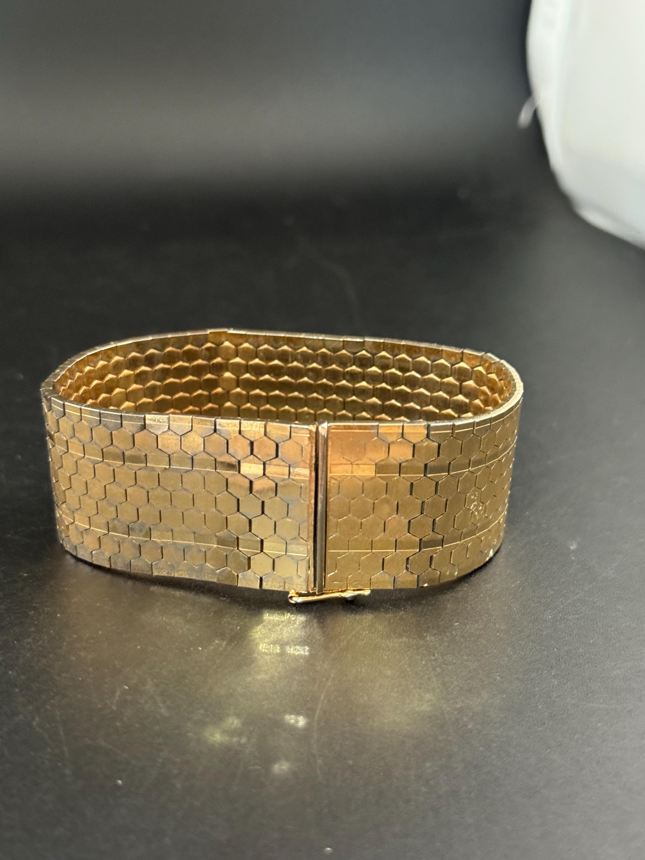 1970s 18k GP flat wide articulated cuff bracelet, Italian gold plated with wear