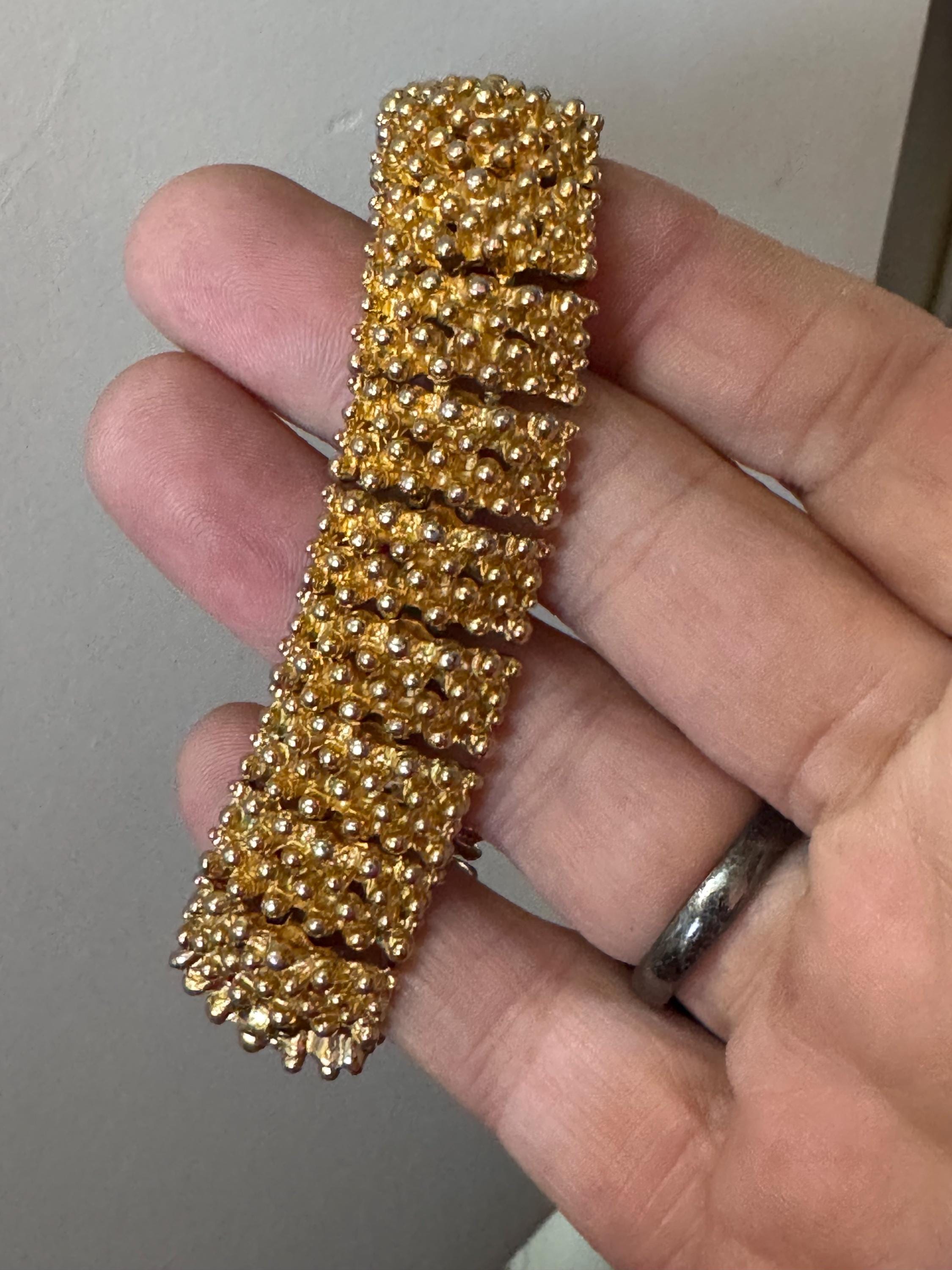Vintage textured ball link wide bracelet, gold tone brutalist 1970s modernist period