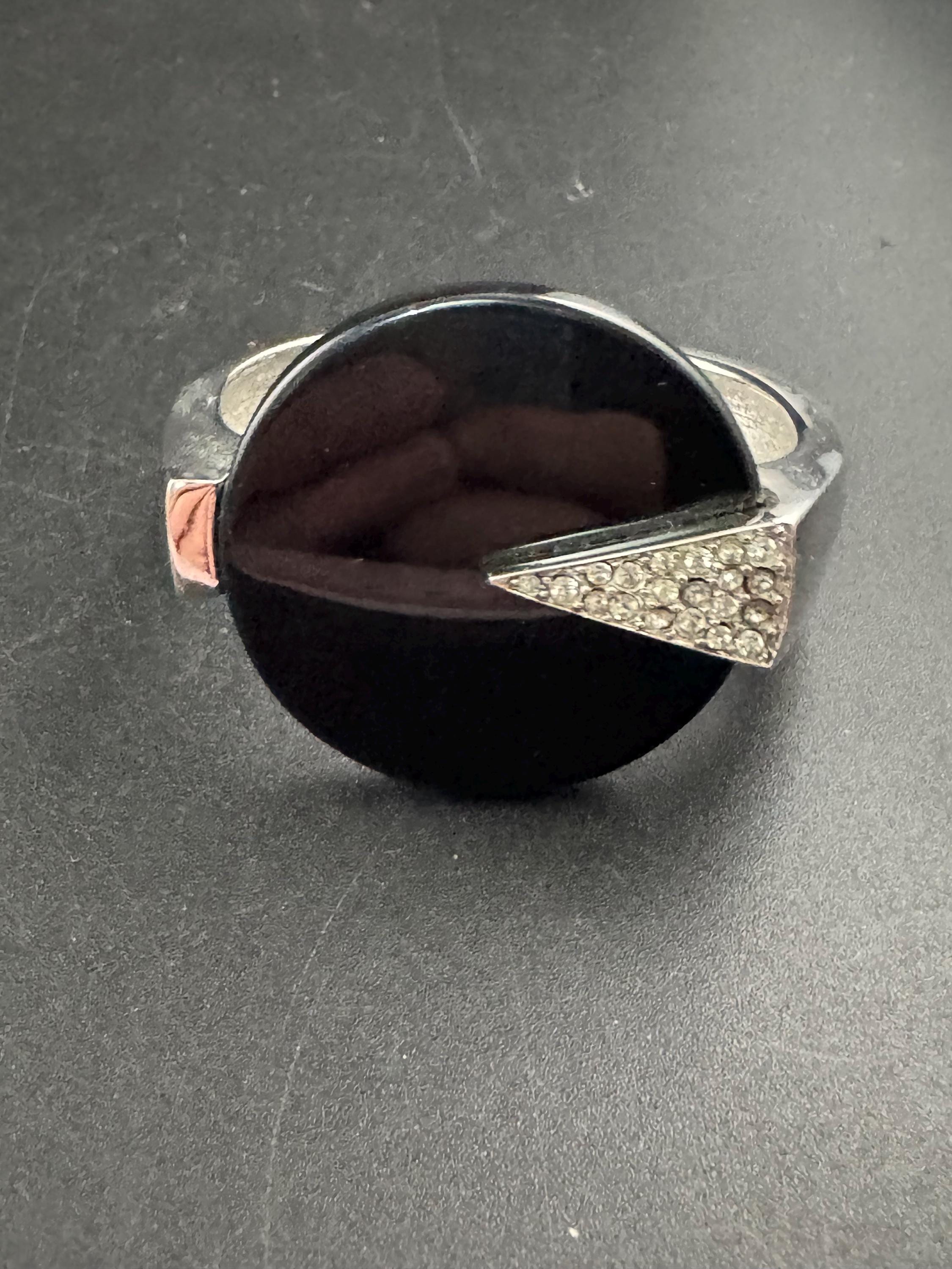 Vintage Trifari Rhinestone Clamper Bangle, Black Acrylic Art Deco Cuff