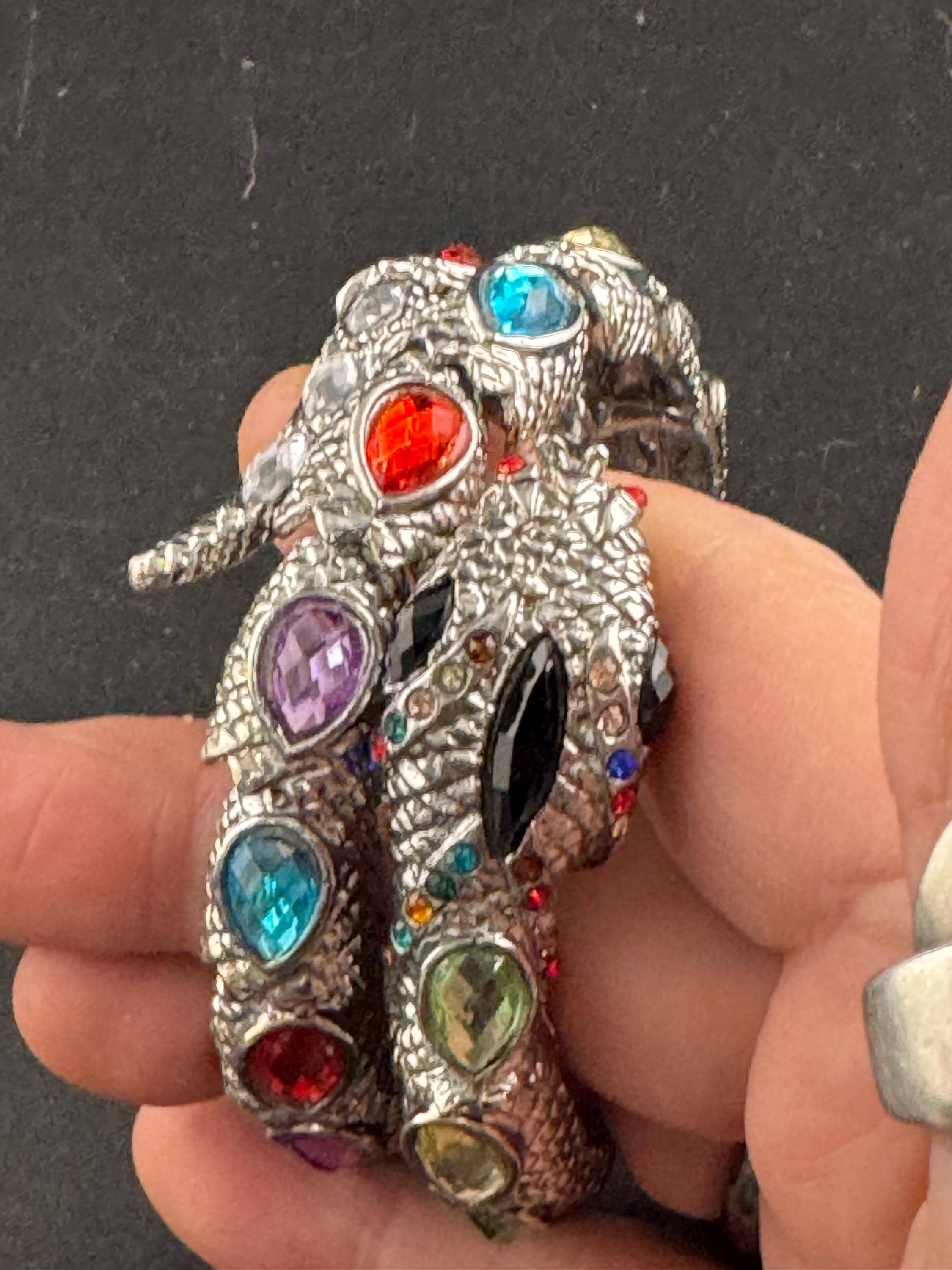 Silver wrap Snake Bangle,  Vintage Bracelet with rainbow crystal stones
